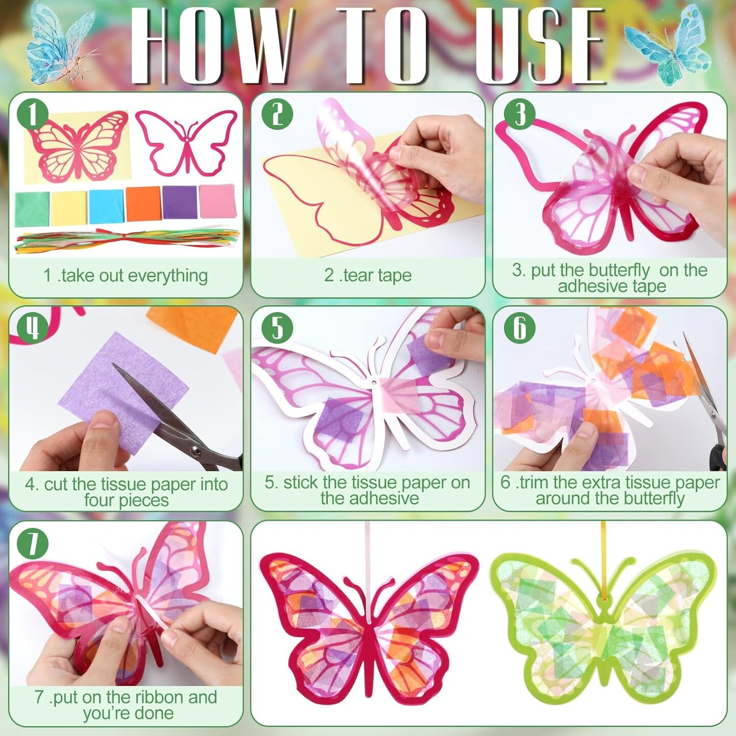 32 Pcs Butterfly Suncatchers Paper Craft Set DIY Butterfly Shaped Stained Glass Effect Tissue Paper Kits Bulk for Window Classroom Activities Art Summer Party Decorations Favors Gift