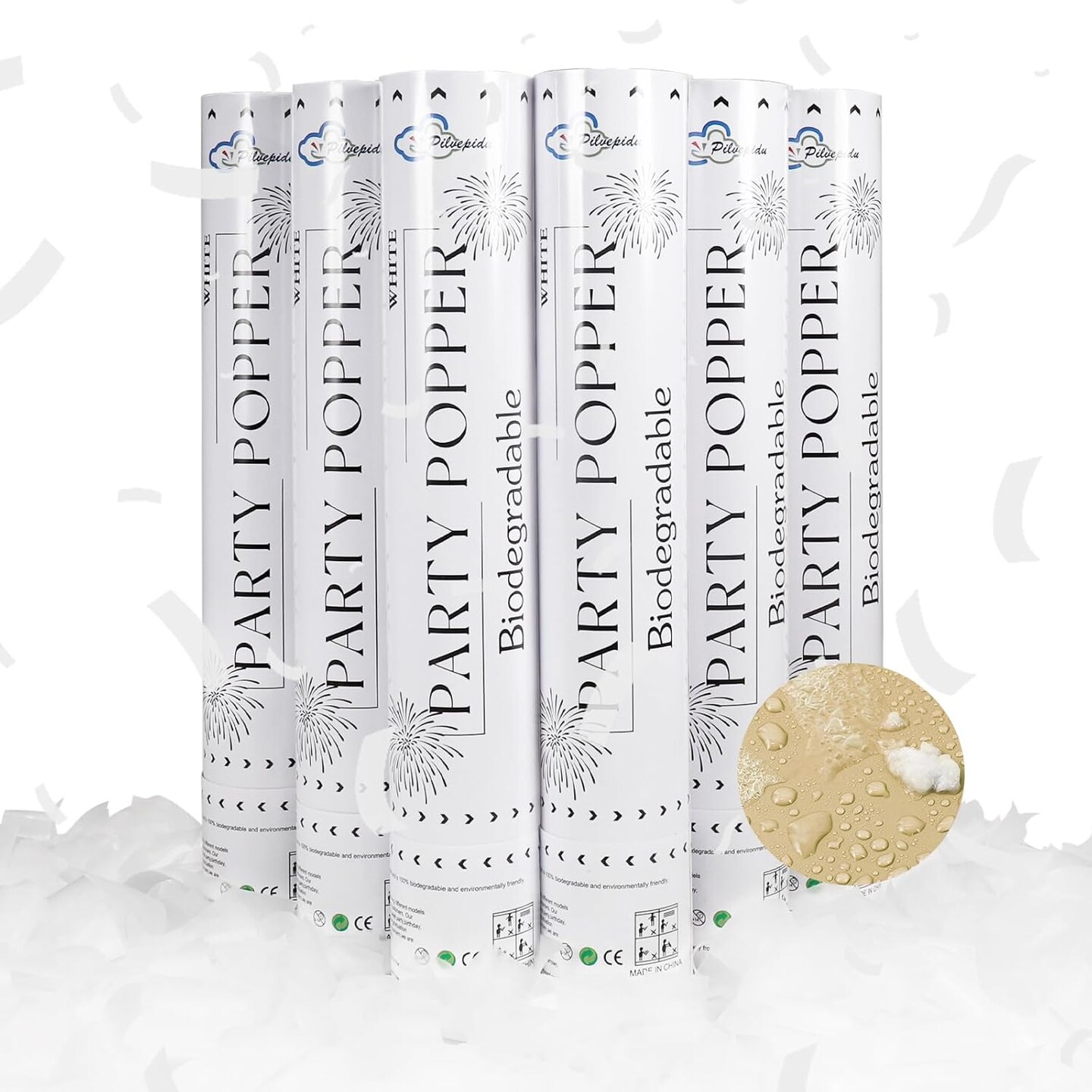 6PCS White Biodegradable Confetti Cannons – Air-Powered Party Poppers for Weddings & Birthdays