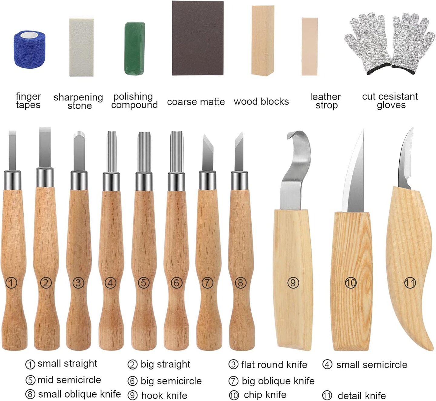 22-in-1 Wood Carving Tools Kit With 11 Wood Carving Knives & 4 Basswood Blocks, Cut Resistant Gloves & Accessories, Perfect for Beginners