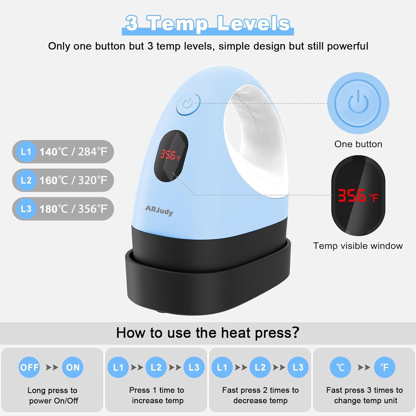 Mini Heat Press Machine, Mini Heat Transfer Iron, 3 Settings Levels &#x26; Visible Temp, Portable Press Easy for Crafts, T-Shirt, Hats, Shoes, Bags, Cap and Small Vinyl Projects (Blue)