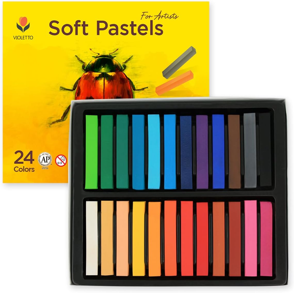 Long Soft Pastels Set - 24 Vibrant Colors, Acid-Free and Non-Toxic, Ideal for Drawing, Blending, and Shading
