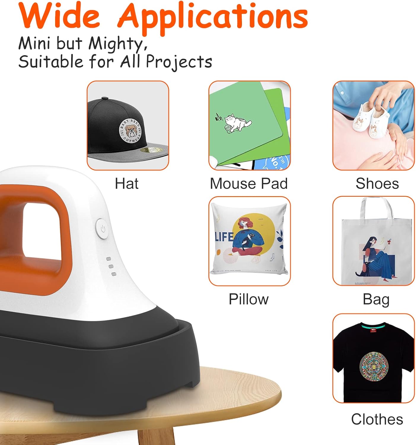 Mini Heat Press Machine - (7&#x22;&#xD7;3.8&#x22;), Heating Sublimation Transfer Projects for Tshirt Hats Bags Pillows Shoes Aprons,Features Insulated Safety Base, 3 Temperature Modes (Orange)