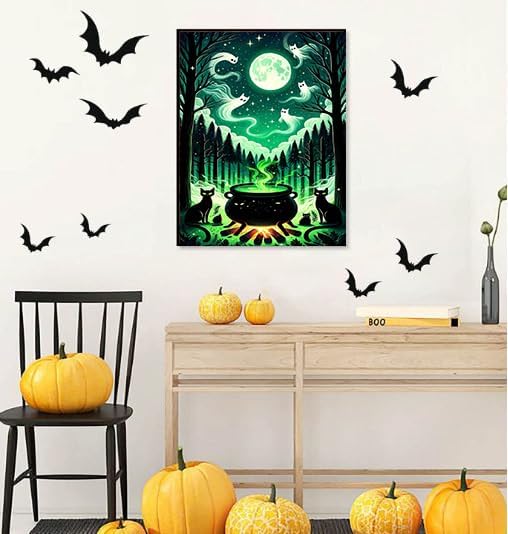 Halloween Moon Diamond Painting Kits for Adults - Ghost Forest Diamond Art Kits for Adults Beginner, DIY Full Drill Spooky Diamond Art Painting,5D Gem Art and Cat Crafts