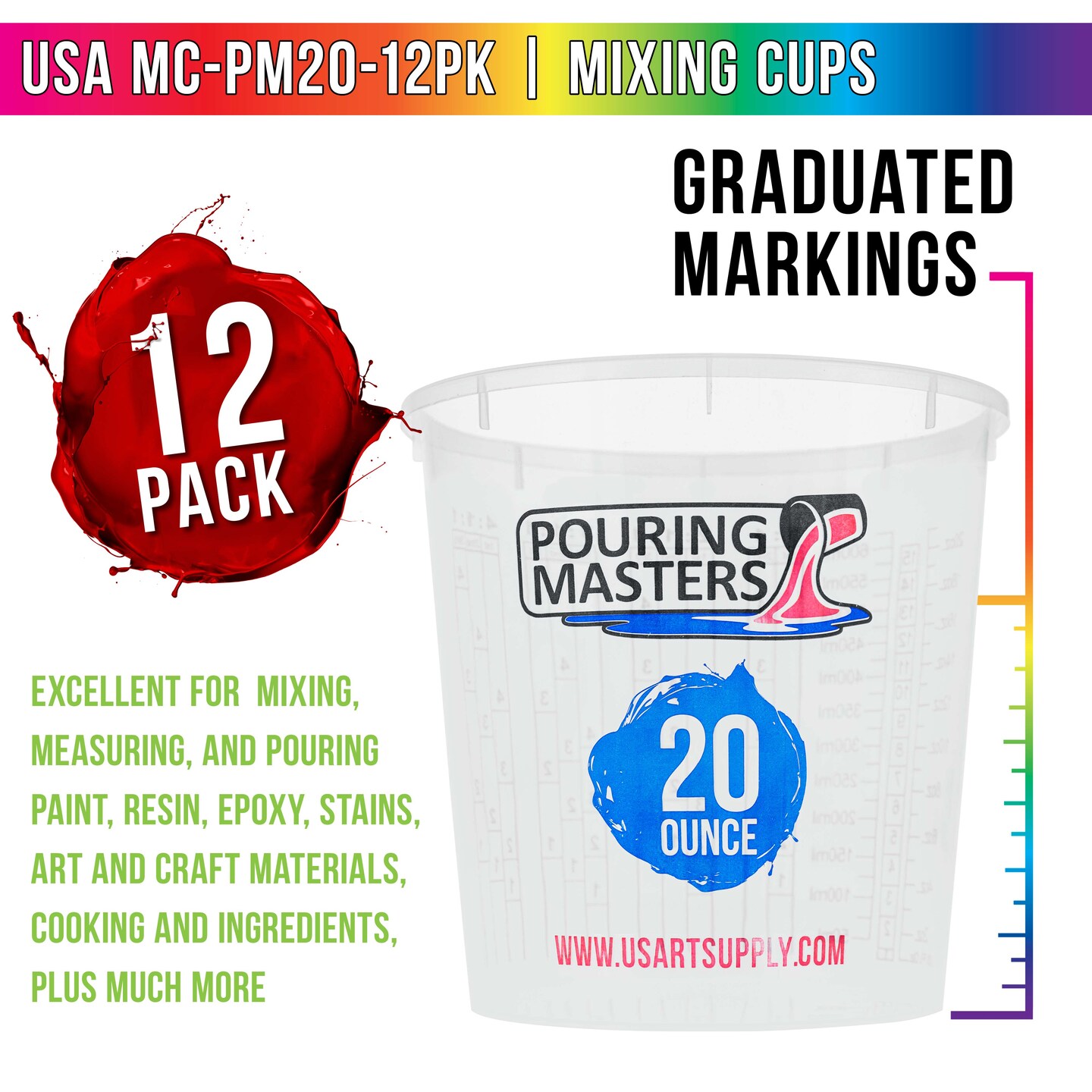 Pouring Masters 20 Ounce (600ml) Graduated Plastic Mixing Cups (Box of 12) - Use for Paint, Resin, Epoxy, Art, Kitchen - Measurements OZ., ML., Ratios