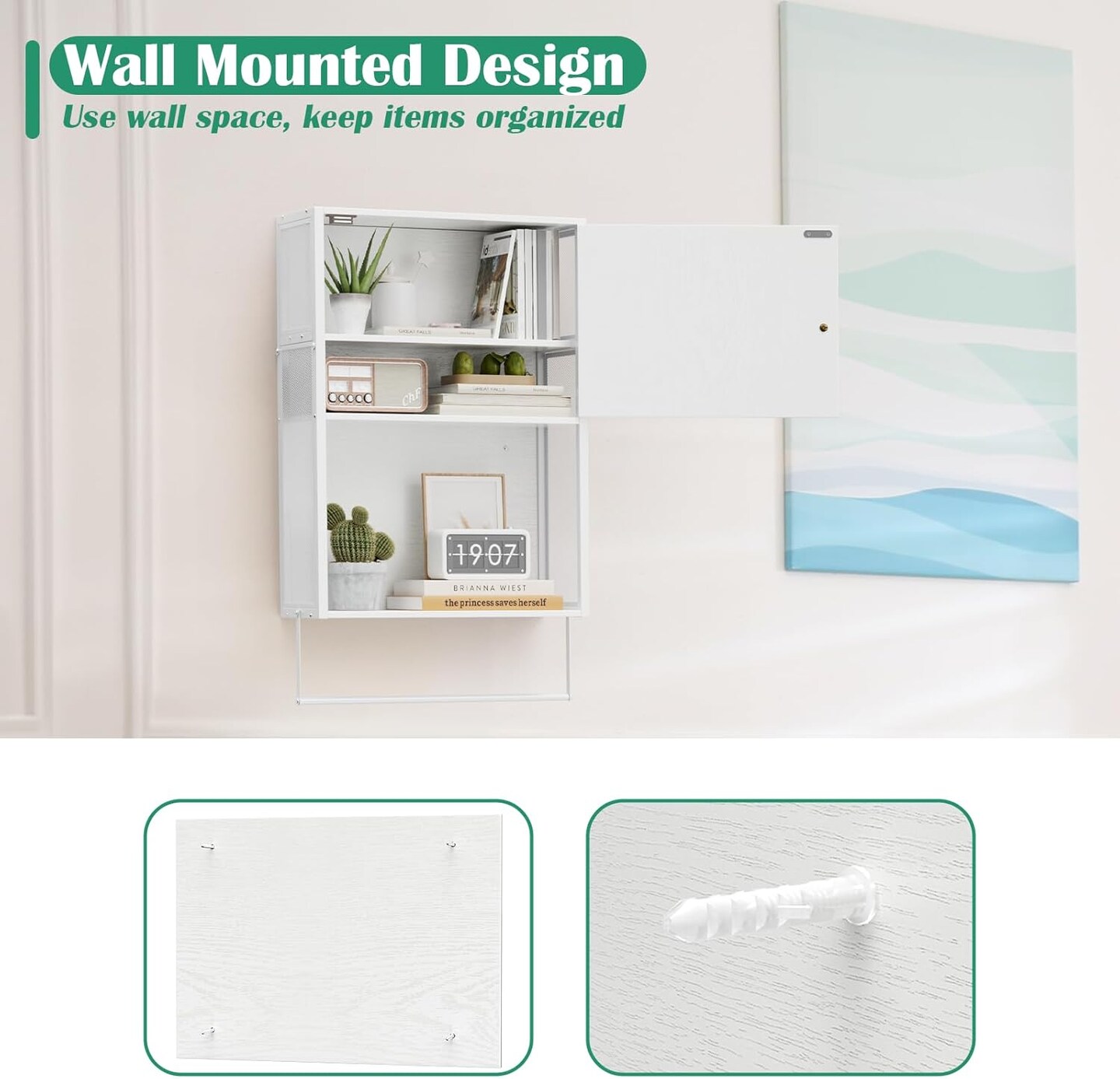 White Wall-Mounted 3-Tier Bathroom Cabinet with Towel Bar - Over Toilet Storage Shelf, Medicine Cabinet for Bathroom, Laundry, Bedroom, Kitchen (7.8&#x22;D x 16.9&#x22;W x 29.2&#x22;H)