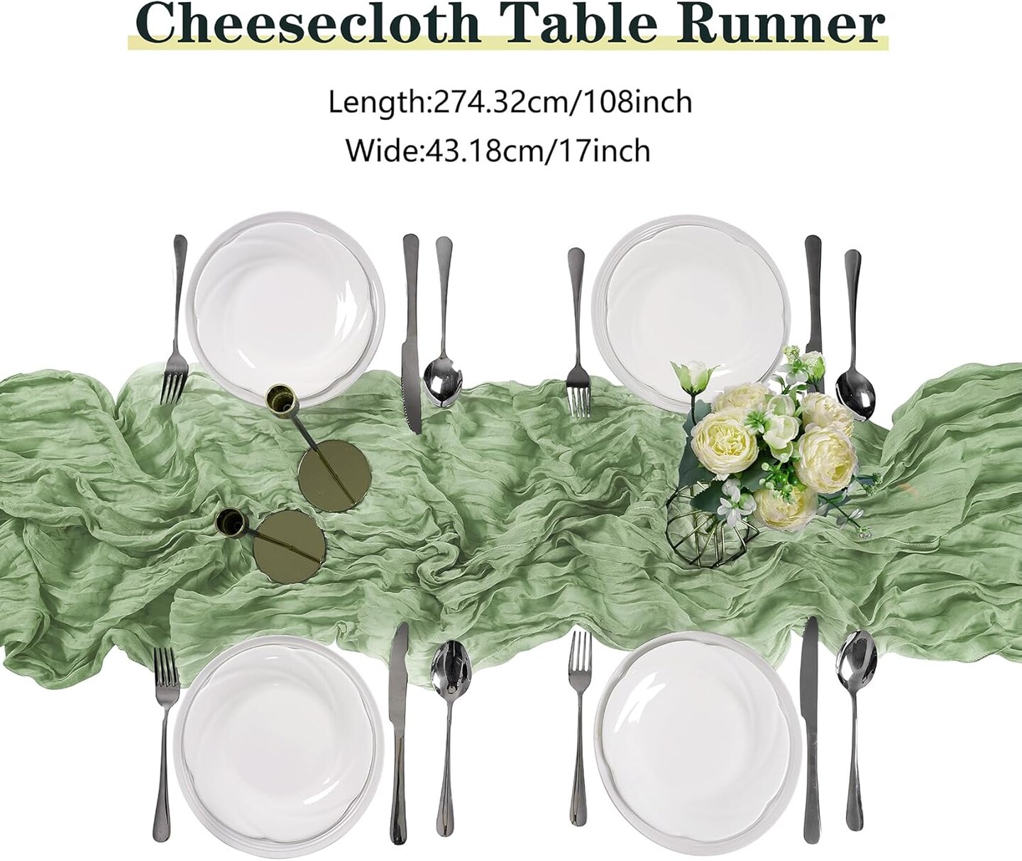 15 Pack Sage Green Cheesecloth Table Runner 9FT Rustic Sheer Table Runners 17x108 Inch Gauze Boho Runner for Wedding Bridal Baby Shower Birthday Party Table Decorations