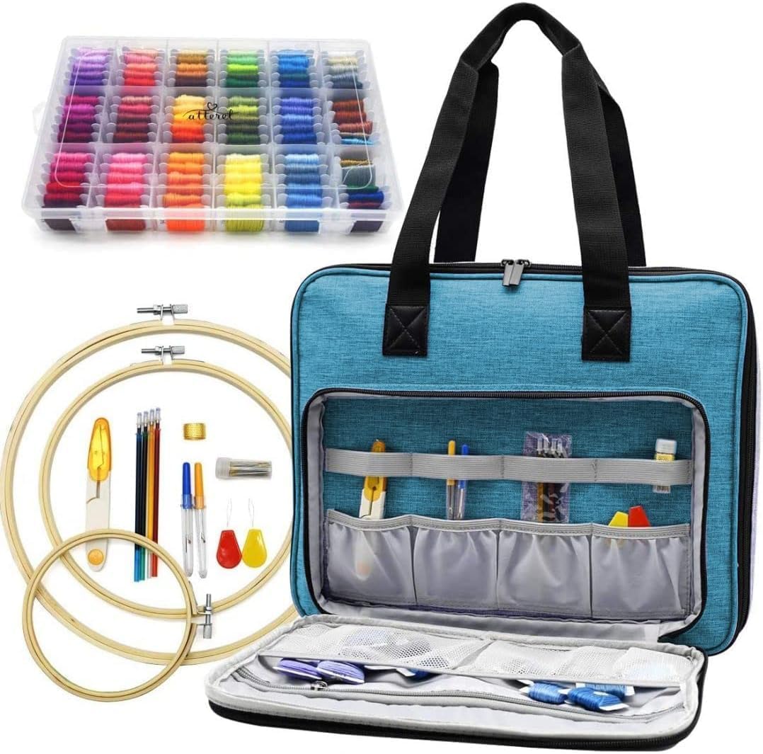 Full Range Embroidery and Cross Stitch Starter Kit with Premium Storage Organizer Bag, Includes 99 DMC Coded Cotton Threads, 9 Metallic Floss, 3 Hoops, Needles, Scissors + More (Turquoise)