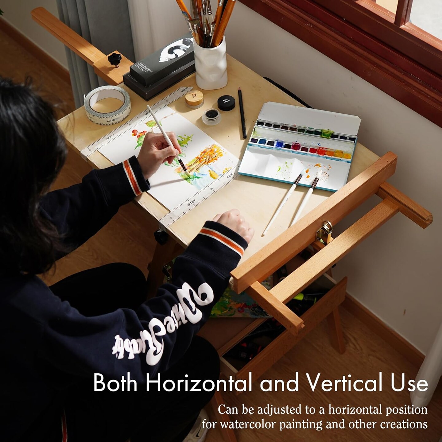 ARTIFY Large Wooden H-Frame Studio Easel, Sturdy Beechwood Canvas Holder Stand, Both Horizontal and Vertical Use, for Acrylic, Oil, Watercolor and Gouache