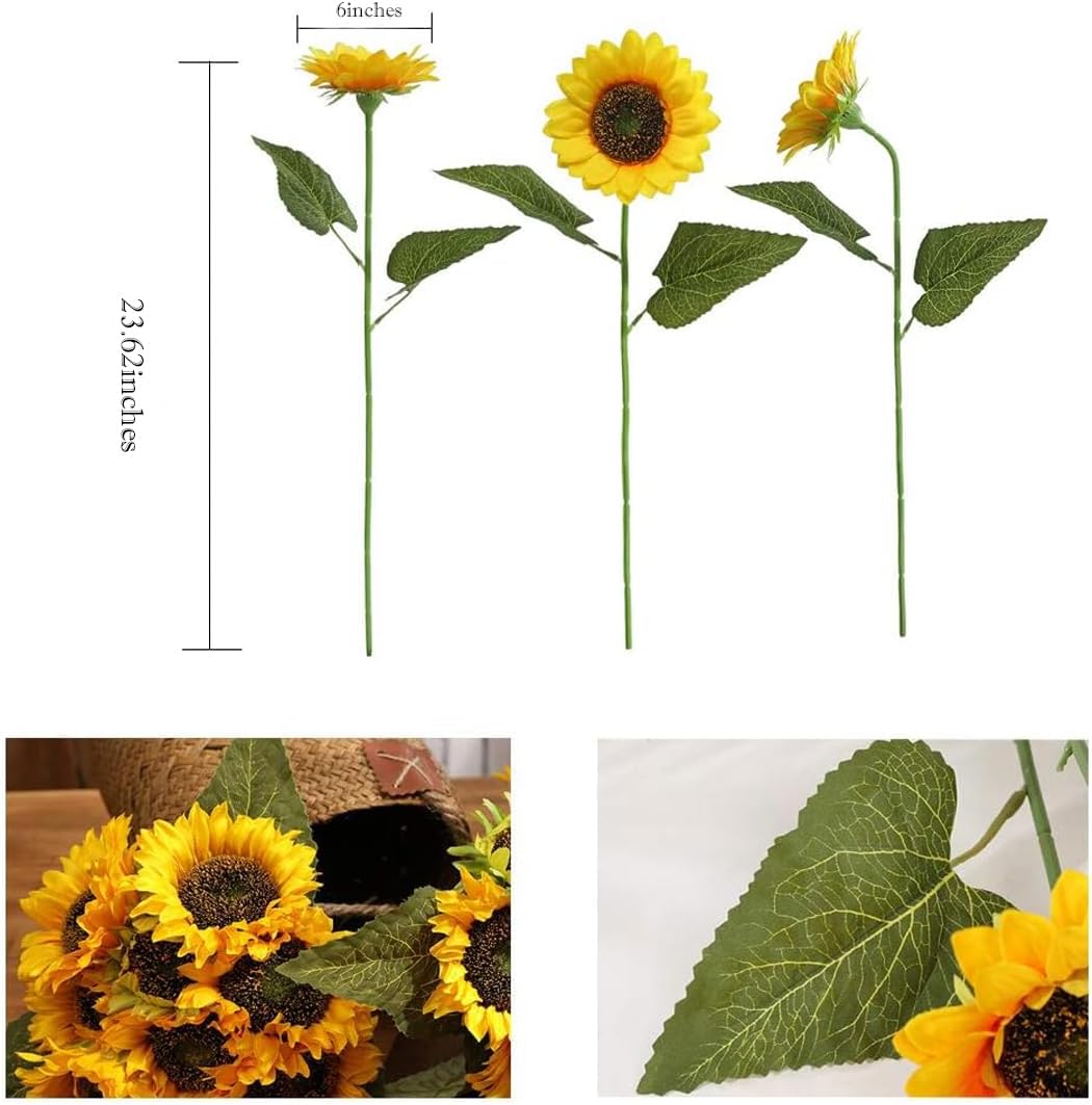 Artificial Sunflower Flowers Long Stem Silk Fake Large Sunflowers Decoration for Outdoor Home Wedding Baby Shower Birthday Party Single Bulk Yellow Decor 6PCS (Dark Center)