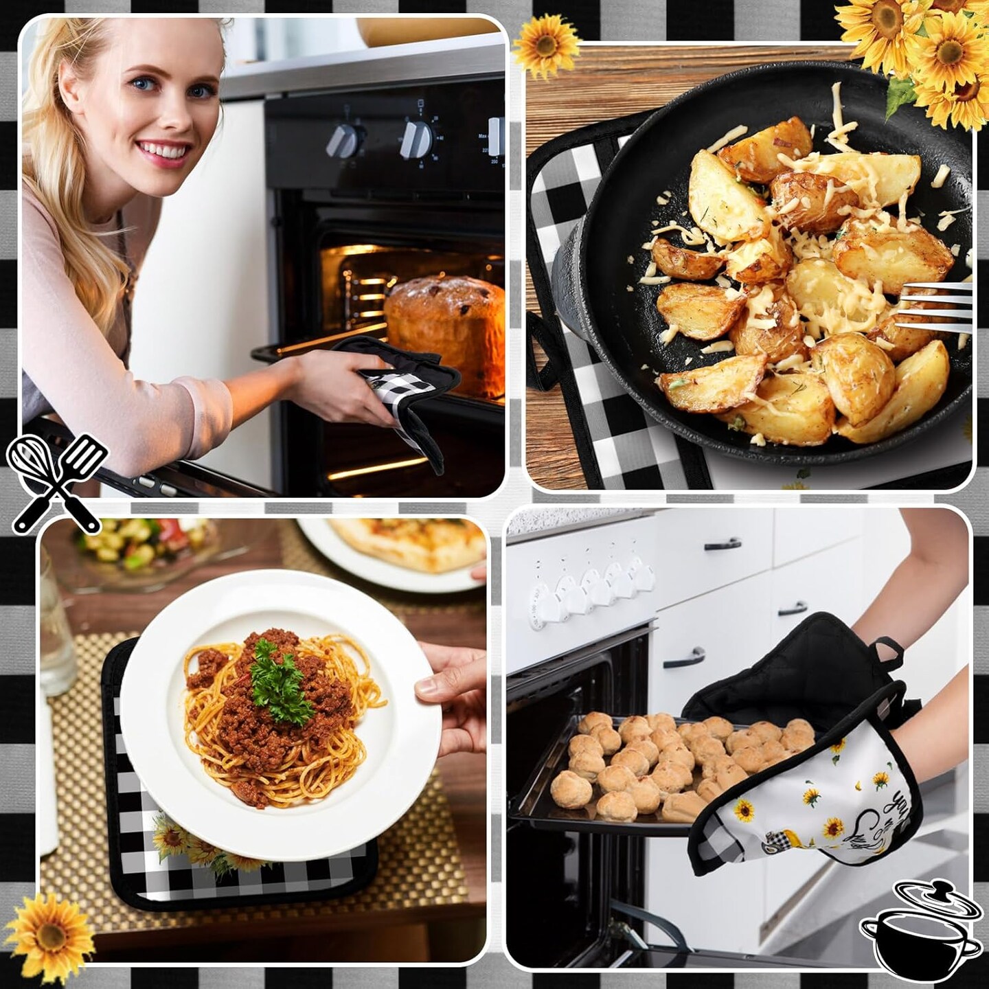 12 Pcs Sunflower Pot Holders with Pocket Teacher Appreciation Gift Bulk Summer Pot Holders Buffalo Plaid Hot Pads and Oven Mitts Gnomes Farmhouse Oven Gloves for Kitchen Baking Cooking Home