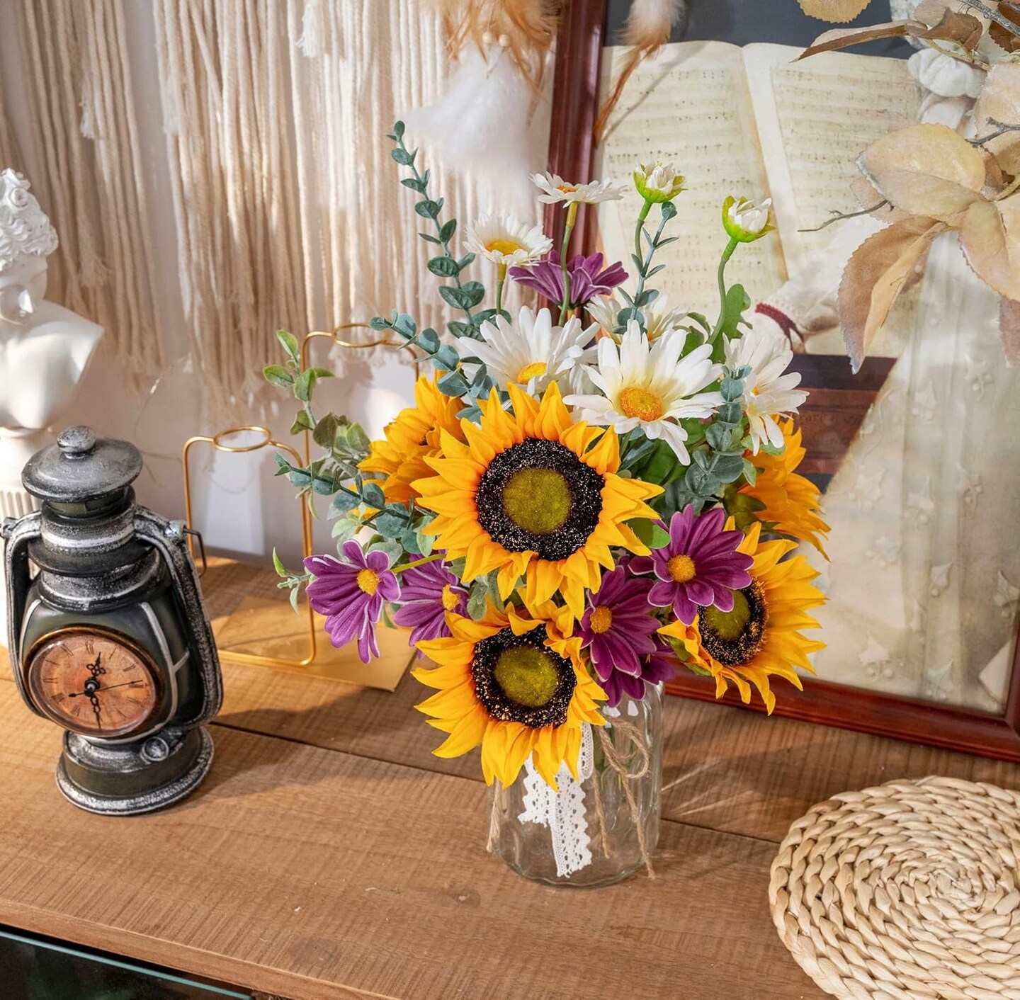 Artificial Faux Flowers in Vase for Home, Fake Flowers Arrangment with Pot, Sunflower Silk Daisy Bouquet for Fall Spring Decor Coffee Table Dinning Room Kitchen Centerpiece Table Decorations