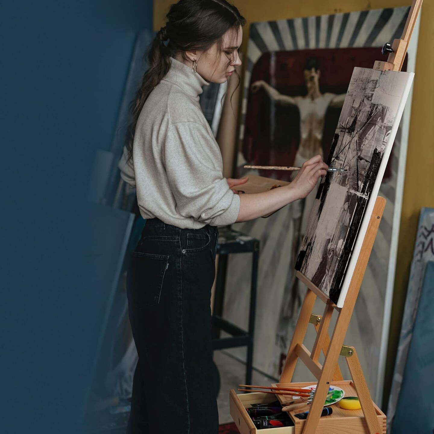 ARTIFY Large Wooden H-Frame Studio Easel with Artist Storage Drawer and Shelf, Sturdy Beechwood Canvas Holder Stand, Adjustable to 75&#x22; High