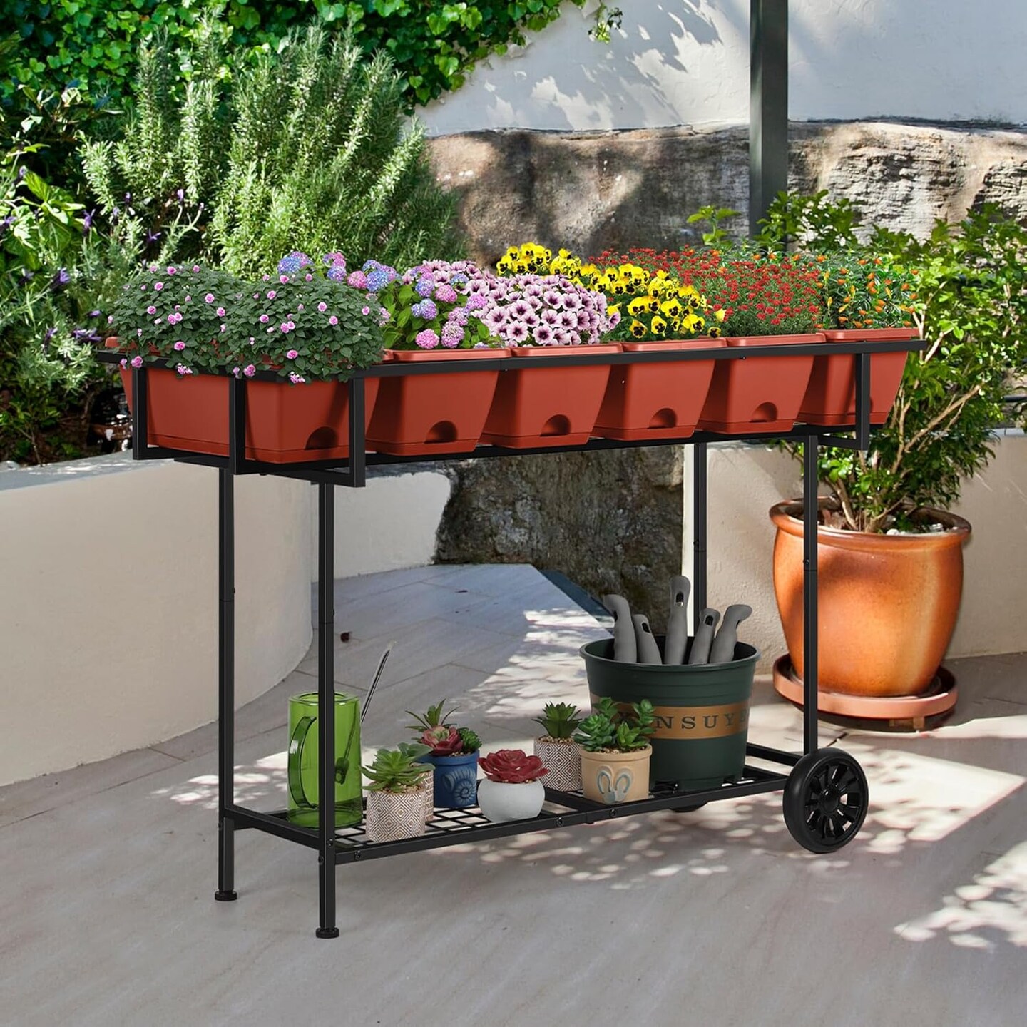 Black Raised Garden Bed with Wheels &#x26; Storage Shelf - 43x17x29in/109x43x74cm Elevated Planter Box, 6 Individual Planters for Vegetables, Herbs, Flowers (Outdoor/Indoor)