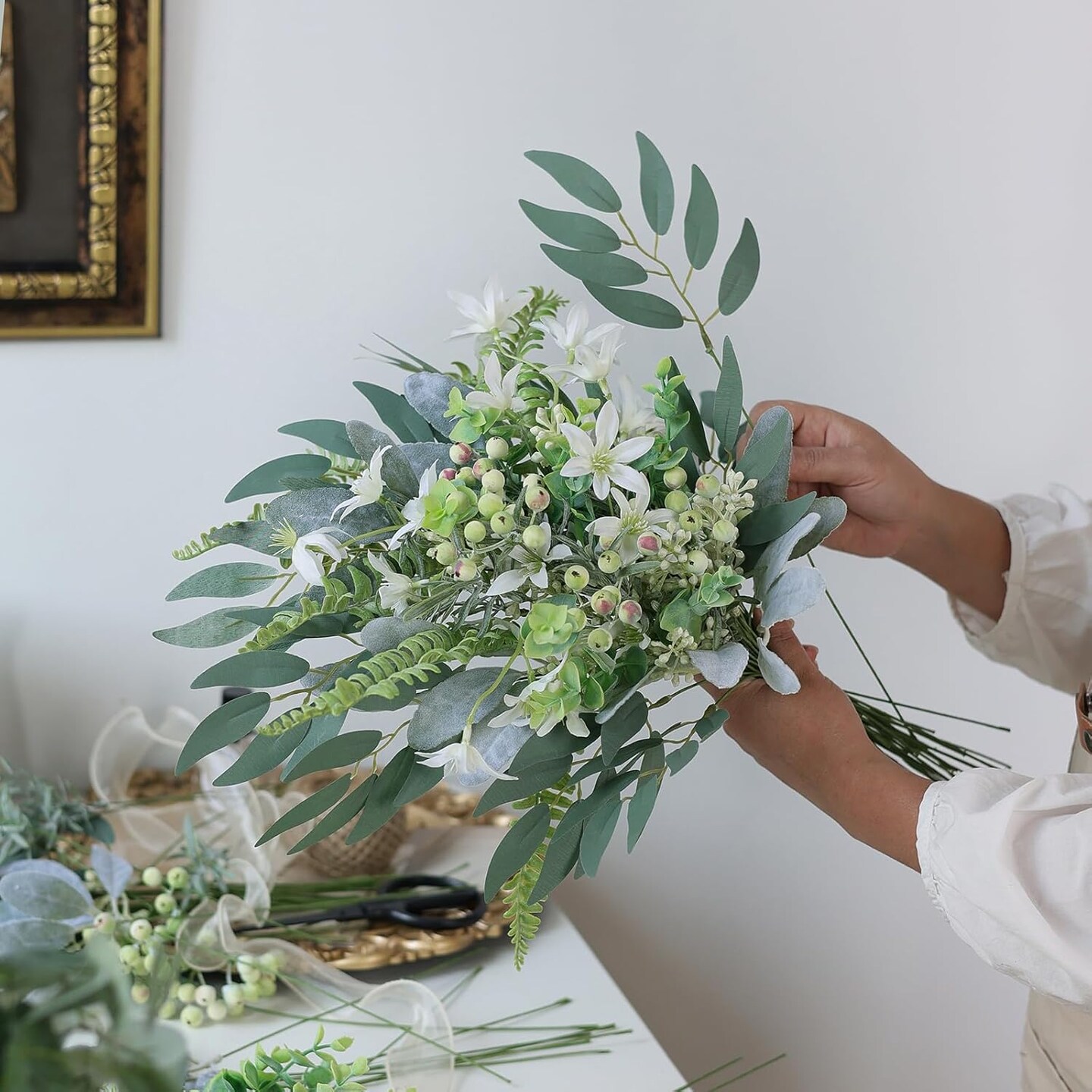 70 Pcs Artificial Greenery Stems Box Set,with 8 Kinds of Faux Plants and Fake Flowers for DIY Bridal Bouquets Wedding Floral Arrangement Table Centerpieces Decoration (Sage Green & White)