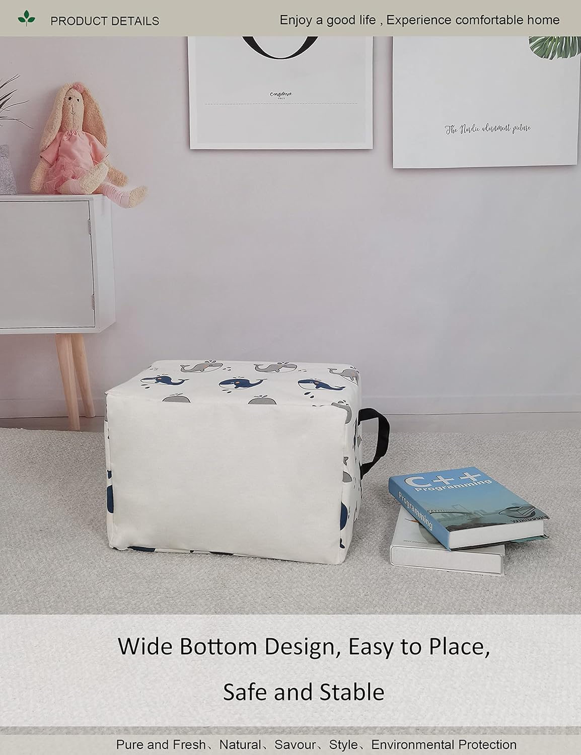 Summer Folding Basket,Canvas Basket, Nursery Hamper,Suitable for Children,Office,Bedroom,Clothes,Toys Storage (REC whale), 14.9&#x2019;&#x2019;L &#xD7;10.2&#x2019;&#x2019;W&#xD7;9.05&#x2019;&#x2019;H inches