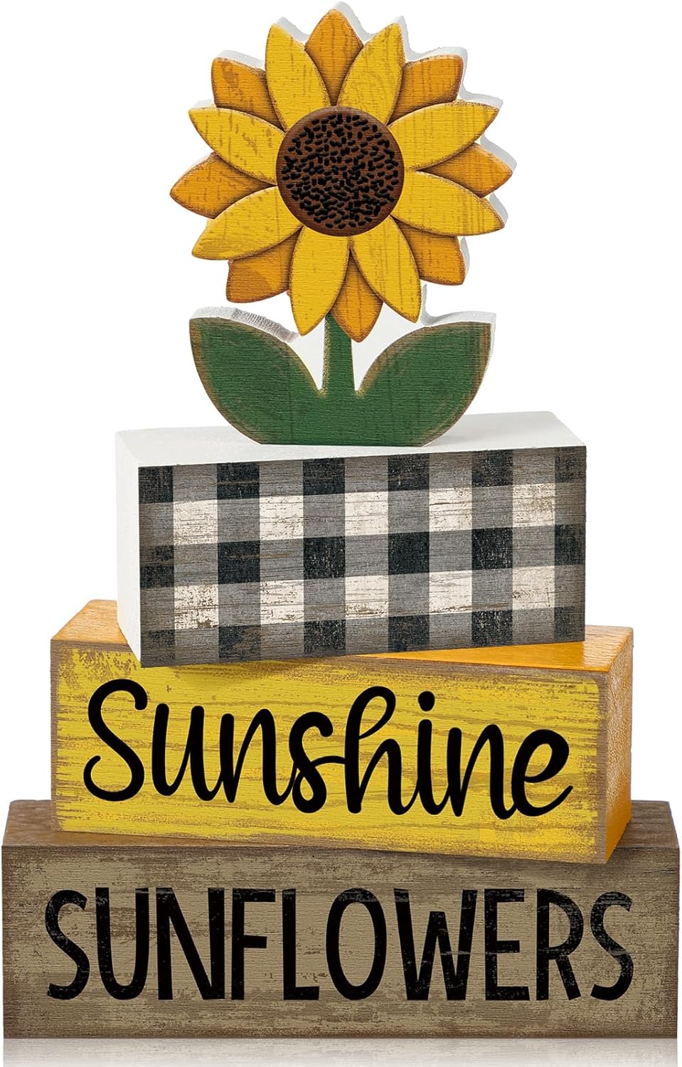 4-Piece Sunflower Wooden Table Decor – Sunshine Tiered Tray Set with Faux Book Stack, Rustic Farmhouse Centerpieces for Coffee Table, Mantel & Shelf