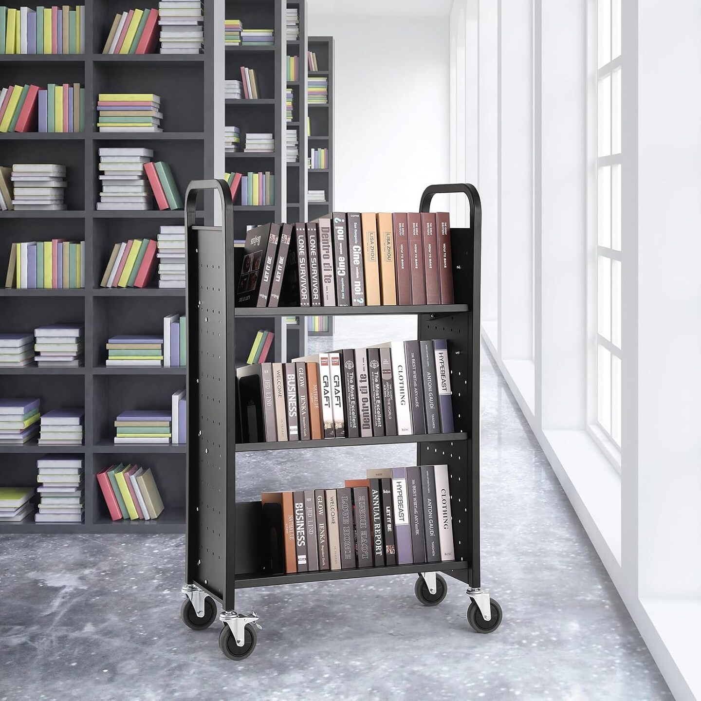 Library Book Storage Cart Book Shelf Book Organizer Trolley with 3 Flat Shelves