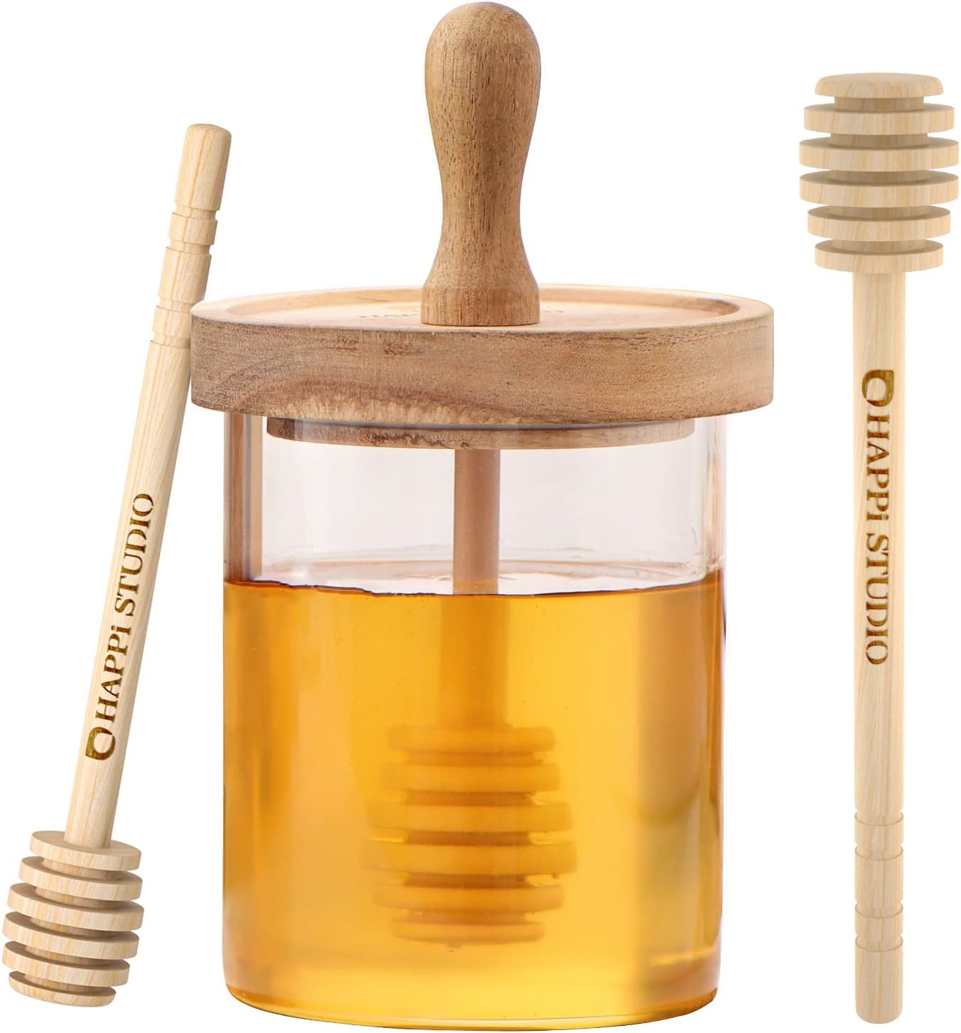 Honey Pot - Honey Jar and Dipper Set - Glass Honey Jar with Dipper - Honey Dipper Stick and Jar Set - Glass Honey Dispenser No Drip - Honey Container with Dipper- 2 Wooden Honey Dippers - 13 Oz