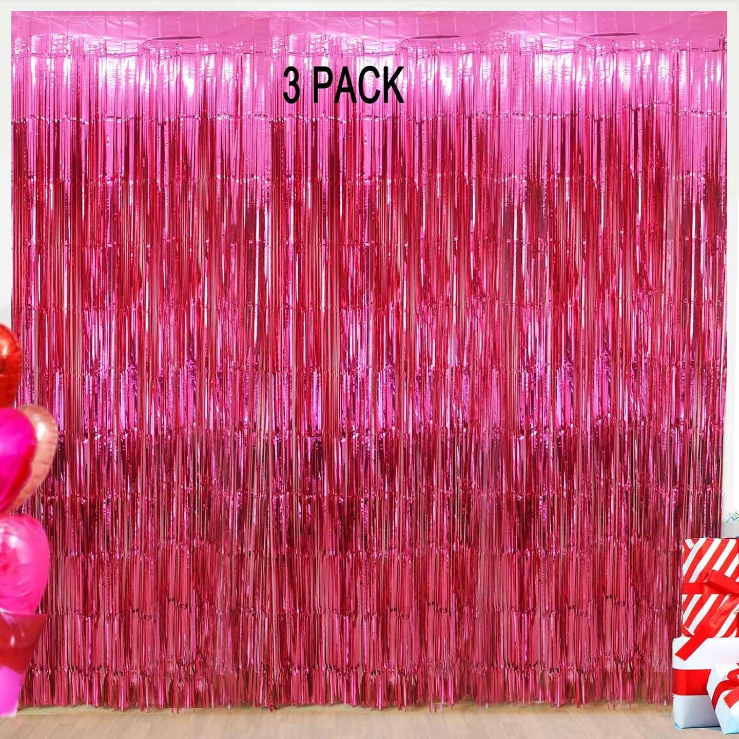 Hot Pink Backdrop Curtains - 3 Pack of 3.2x8.2ft Hot Pink Foil Fringe Curtains Streamers Backdrop for Birthday Party Valentines Backdrop Decorations