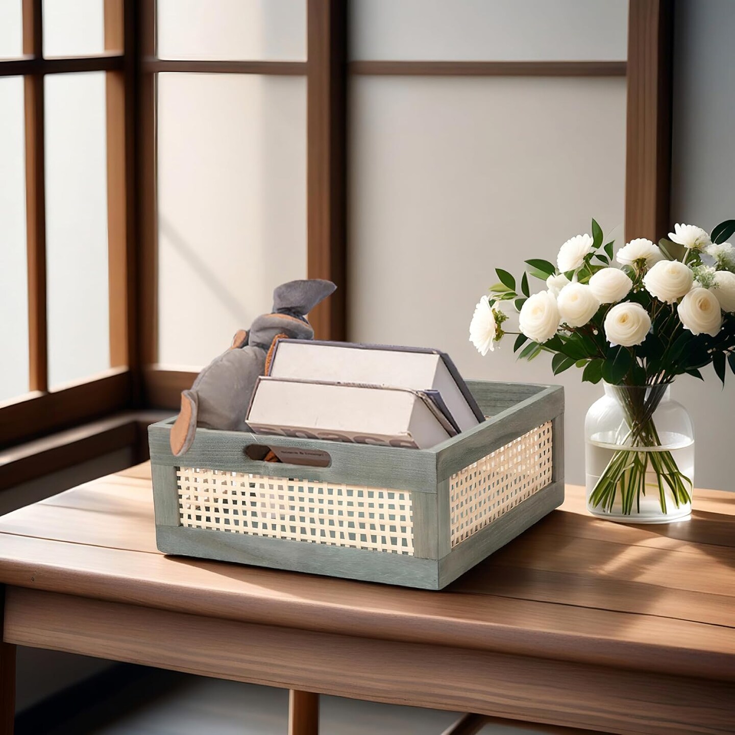 Summer Grey Wooden Storage Baskets with Handle, Square Bamboo Baskets for Organizing, Decorative Storage Basket for Shelves, Toy Storage Basket,Towel Organizer, Gift Baskets Empty (Grey)