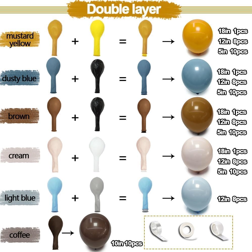 Blue Yellow Balloon Arch - Double Stuffed Dusty Blue Brown Balloon Mustard Yellow Coffee Tan Cream Latex Balloons Garland Kit