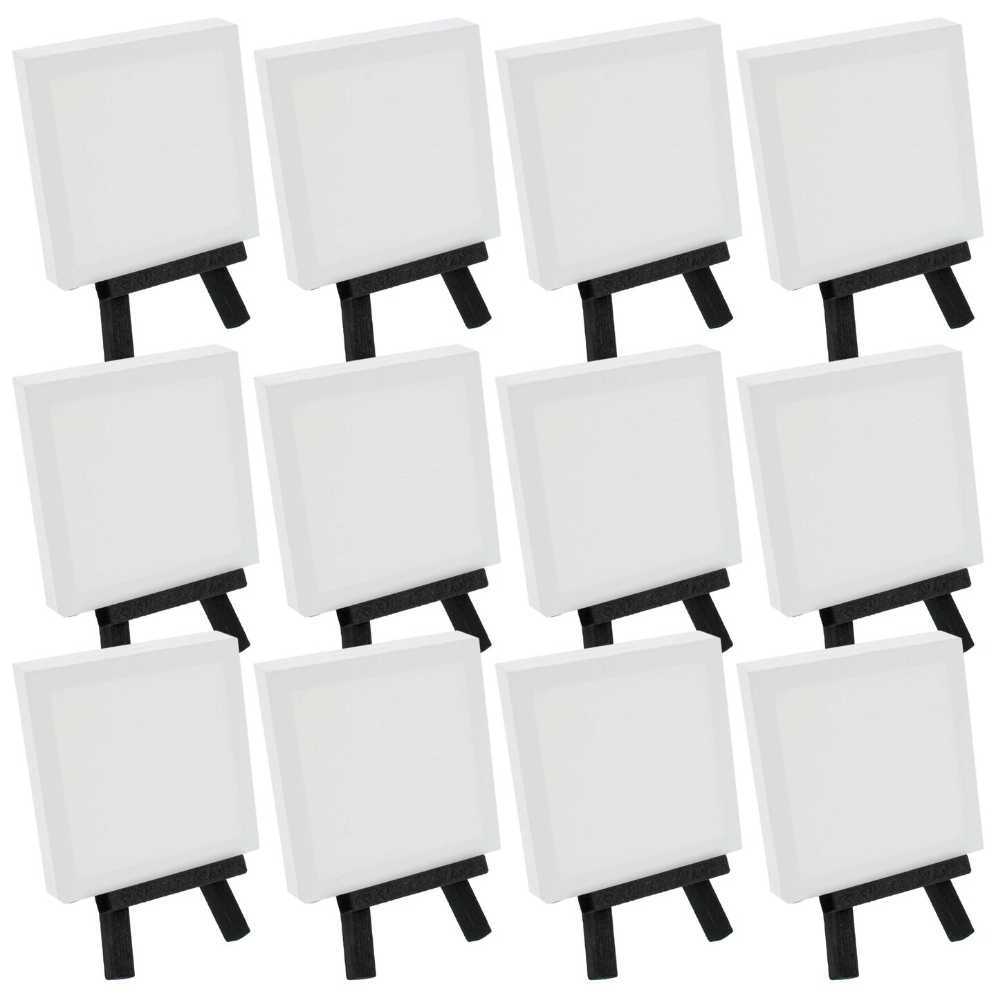 3&#x22; x 3&#x22; Stretched Canvas with 5&#x22; Mini Black Wood Display Easel Kit, 12 Pack - Artist Tripod Tabletop Holder Stand - Kids Painting Party Oil Acrylic