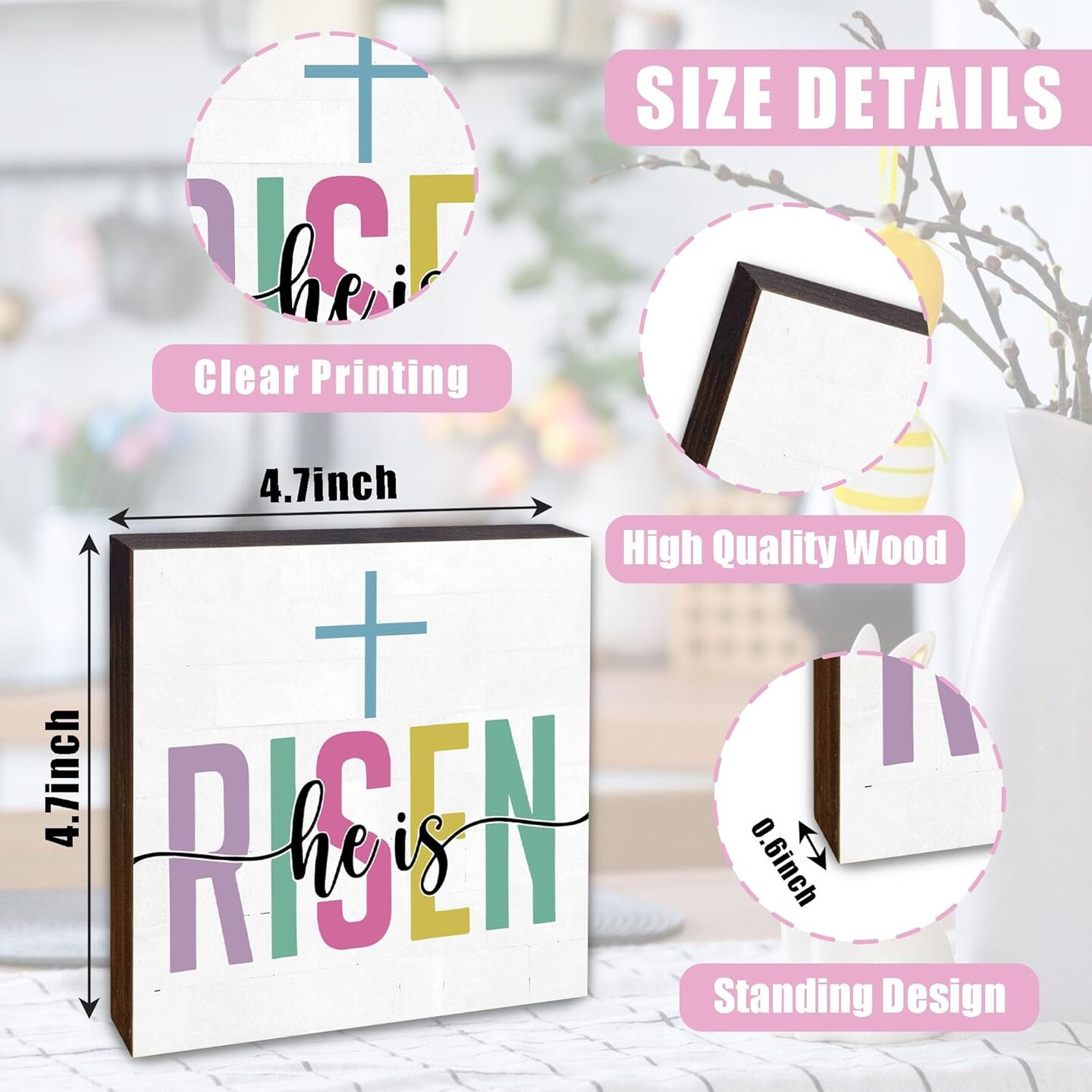 Easters Bunny Gifts, He Is Risen Sign, Easter Bunny Decor, Farmhouse Easter Decorations Indoor for Home Office Tabletop Desk Decoration-B06