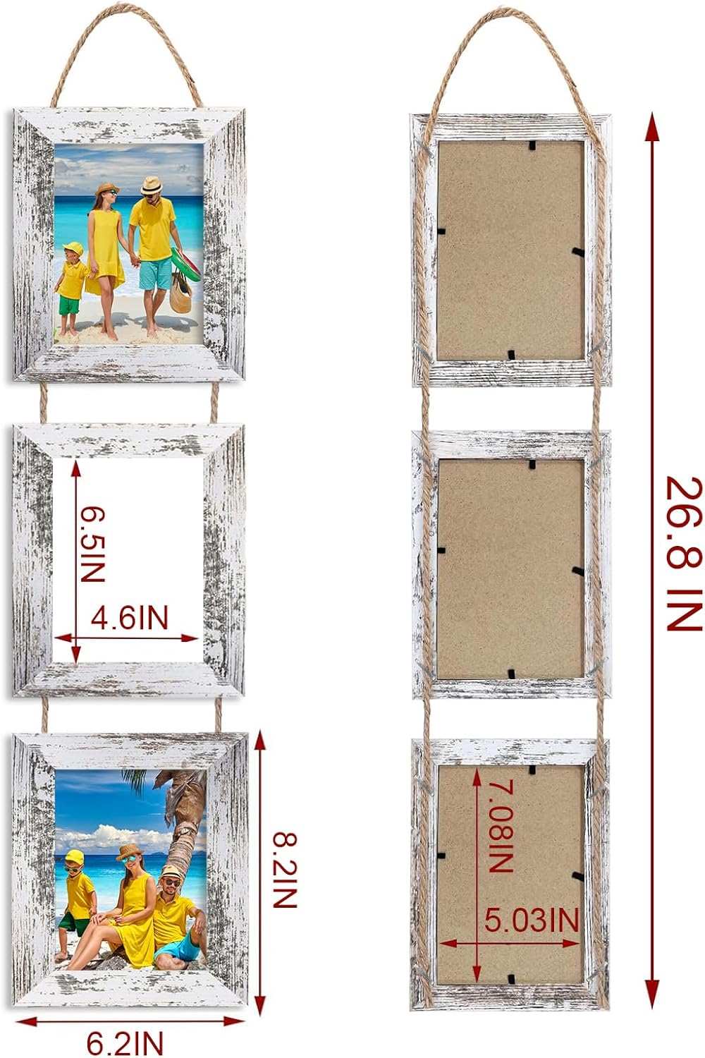 5x7 Picture Frame, Wall Hanging Picture Frames Collage with 3 Opening, Picture Frame Set MDF Wood, High-Definition Plexiglass Frames (Rustic White)