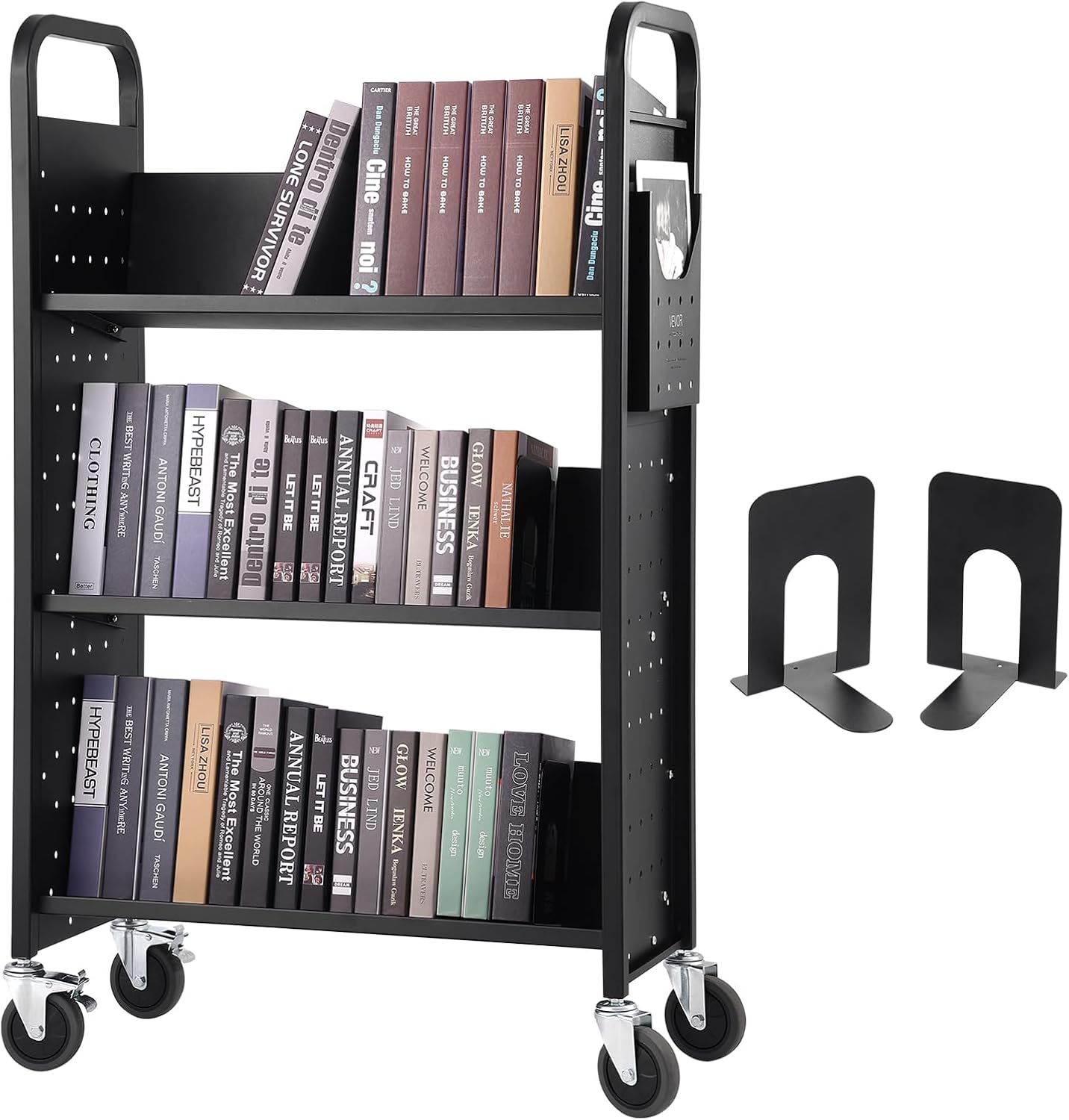 Library Book Storage Cart Book Shelf Book Organizer Trolley with 3 Flat Shelves