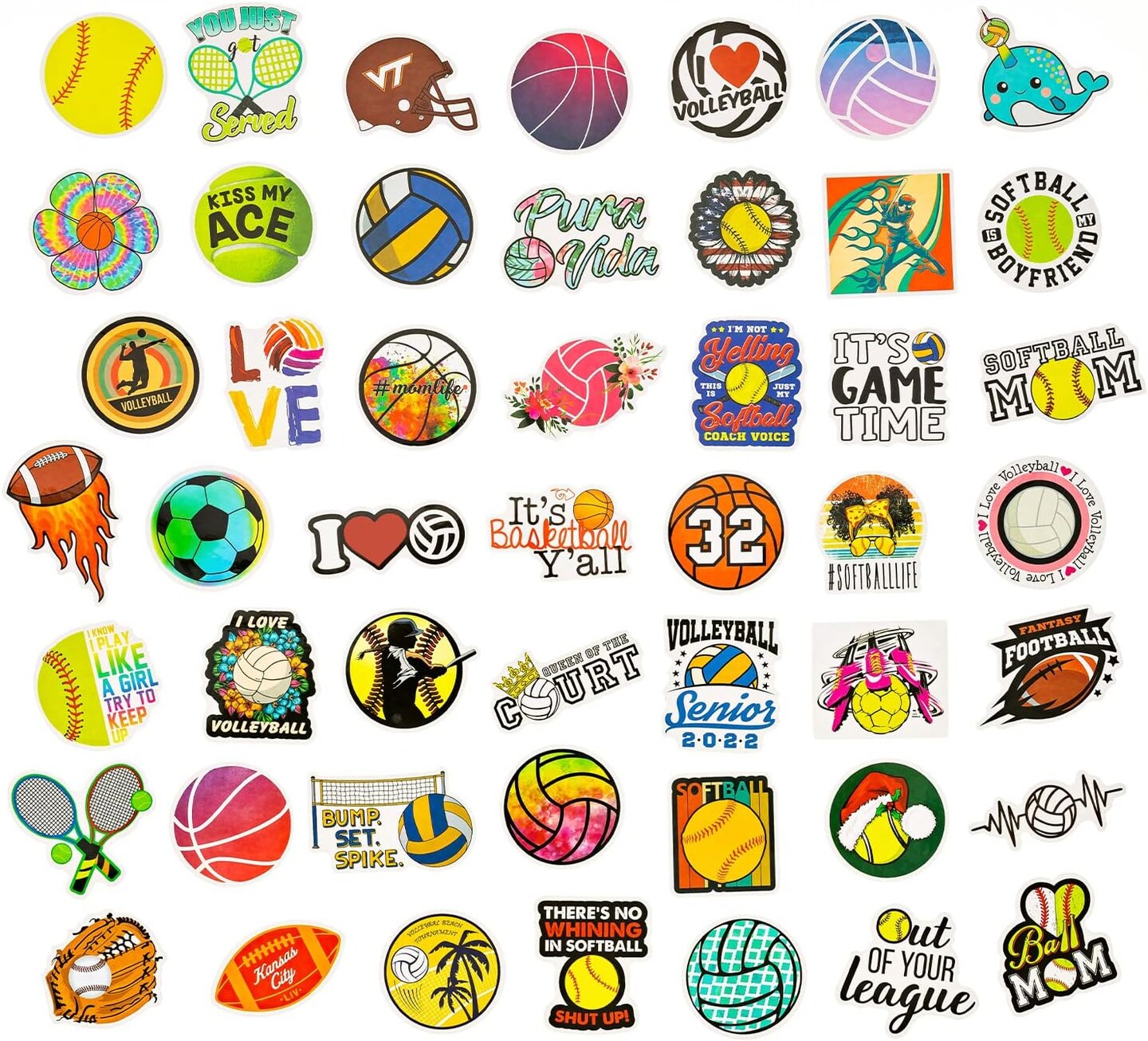 100PCS Sports Stickers for Water Bottles, Sport Theme Stickers for Kids Boys Teens Include Volleyball Softball Football Basketball, Vinyl Stickers for Hydroflask Skateboard Laptop School Rewards