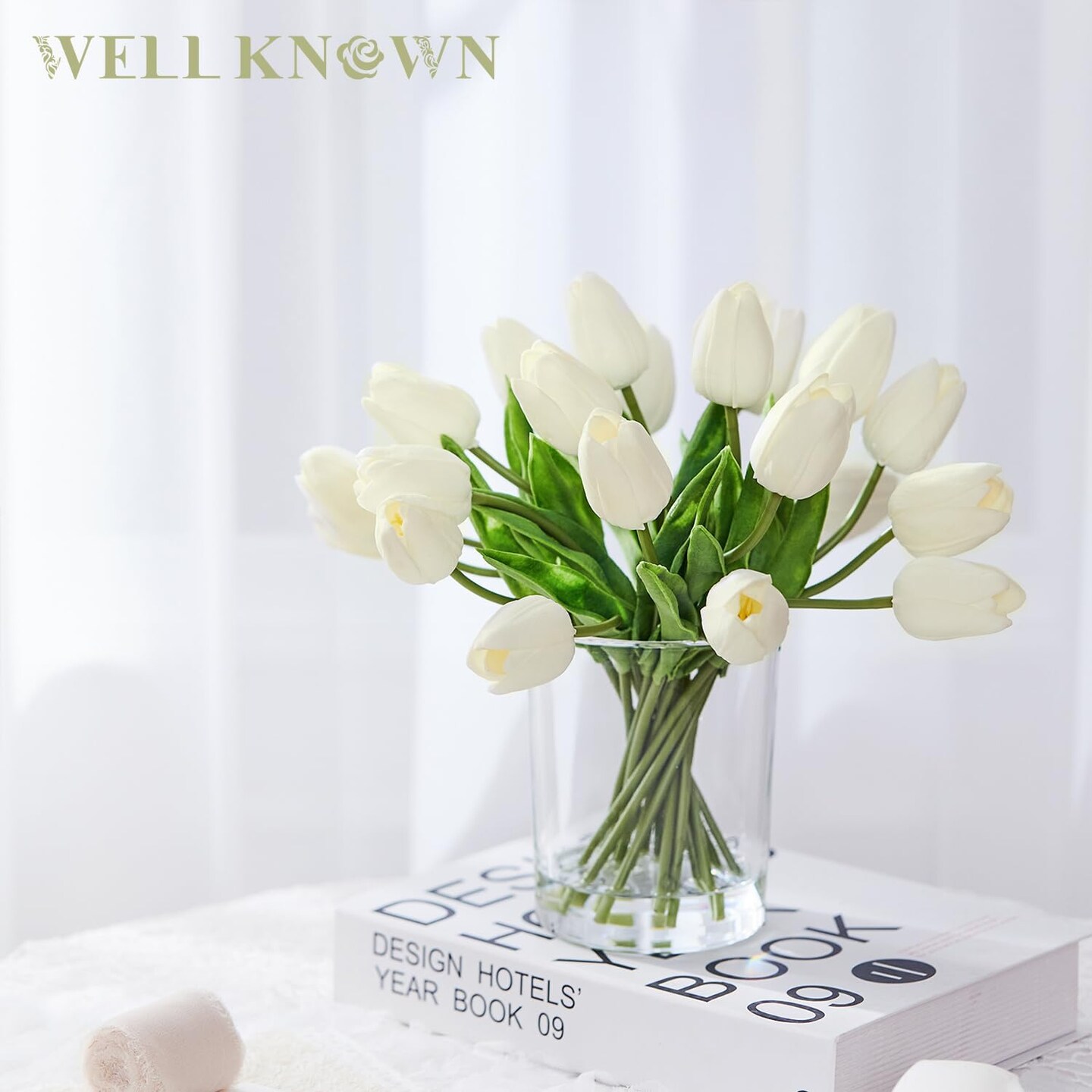 20 Pcs White Tulips Artificial Flowers in Vase, Fake Flowers in Glass Vase, Real Touch Fake Tulips Artificial Flowers in vase with Faux Water for Home Decoration, Dining Table
