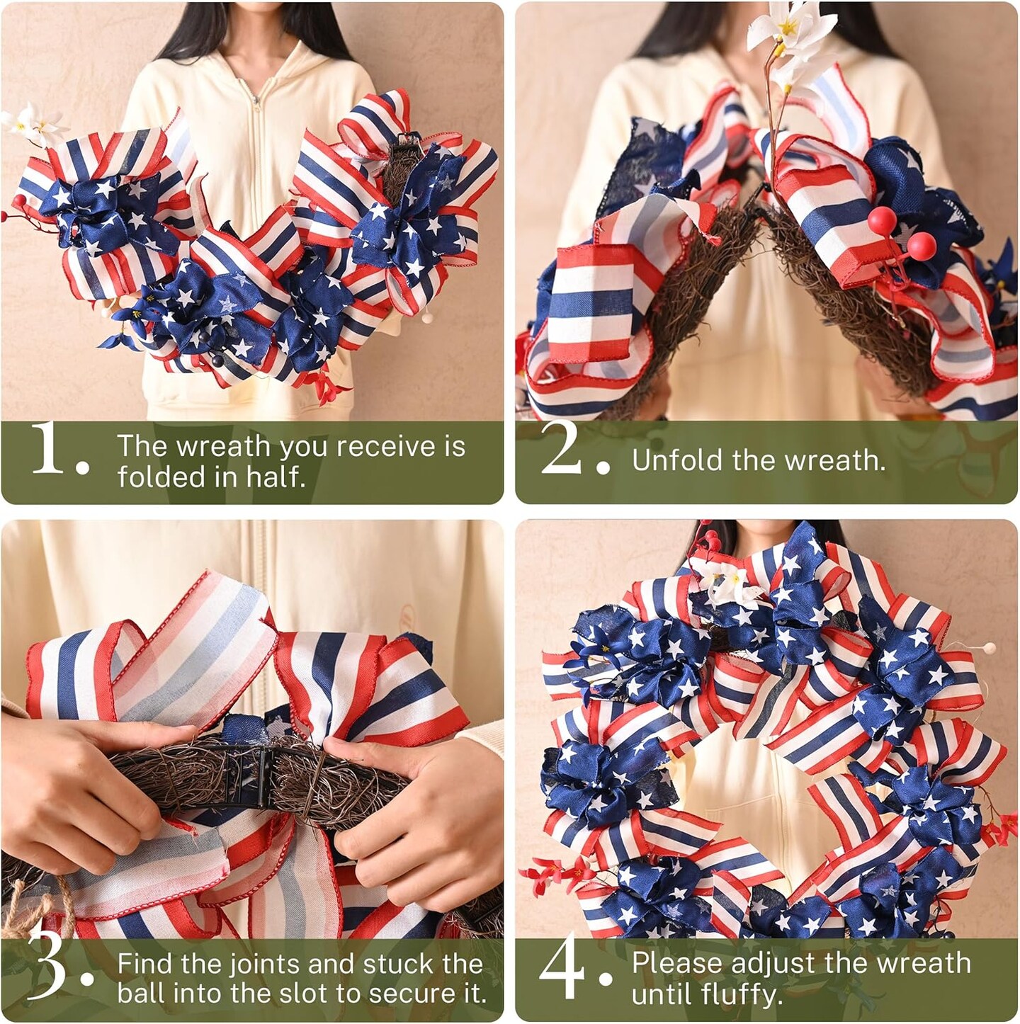 Patriotic Memorial Day Wreath for Front Door, 24&#x22; Large 4th of July Wreaths with Lights, Collasible Red White Blue Burlap Bow Wreath Decorations with Forsythia for National Holiday