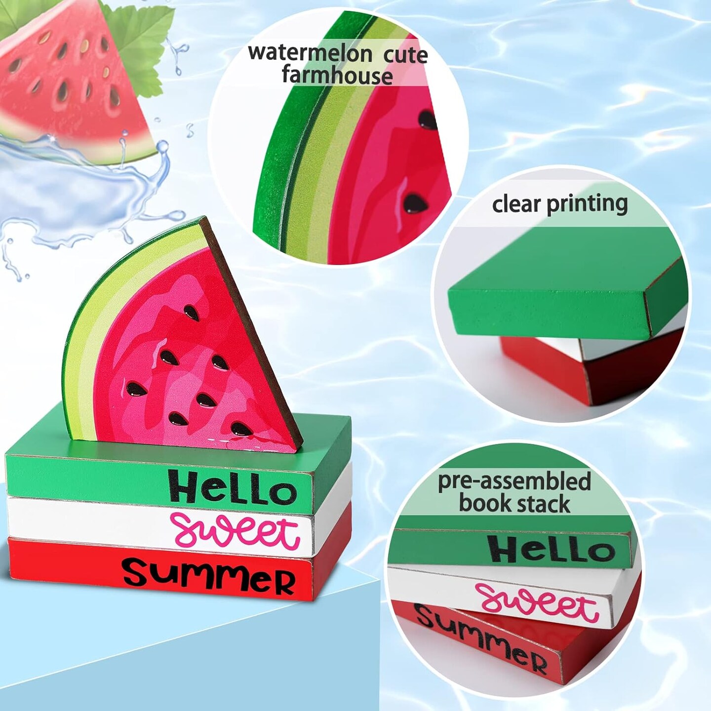 Yulejo 4 Piece Summer Watermelon Table Decor for Home Hello Sweet Summer Book Table Centerpieces Farmhouse Wooden Watermelon Tiered Tray Stacked Book Decor for Home Office Kitchen
