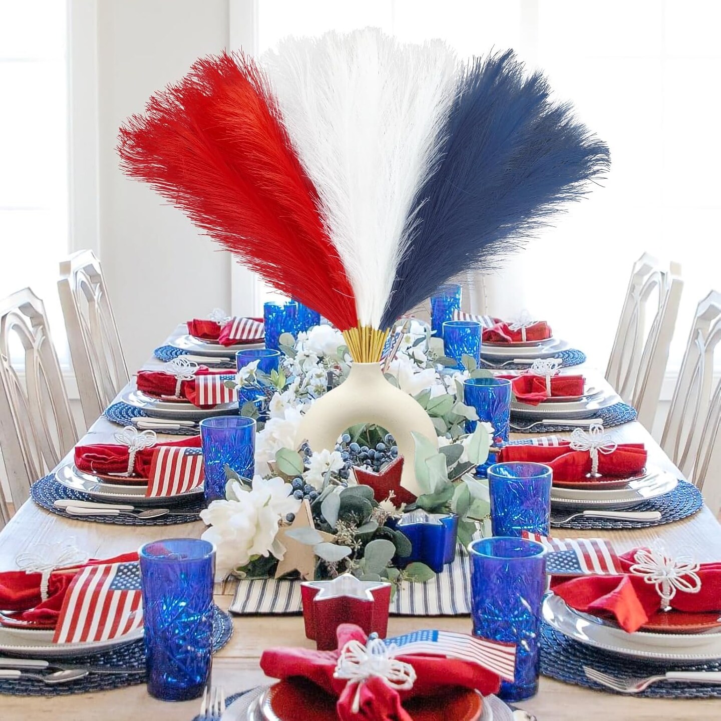 30pcs 4th of July Decorations Faux Pampas Grass, 21.6in Red White and Blue Artificial Pompous Grass Patriotic Fake Pampas Stems Vase Filler for Home Table Independence Day Memorial Day