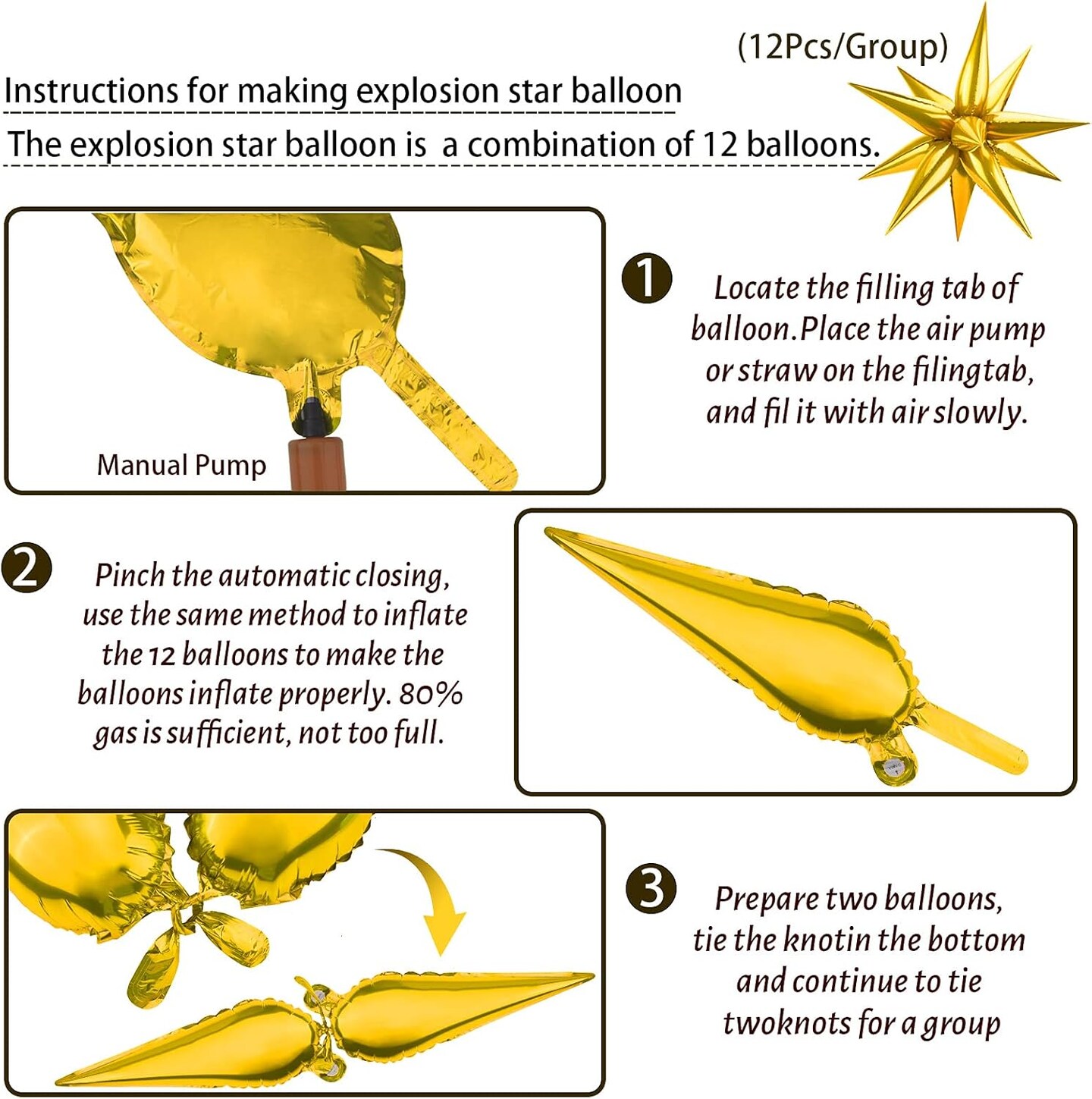 60PCS Gold Star Foil Balloons – 12-Point Spike Party Decorations for Birthday & Wedding