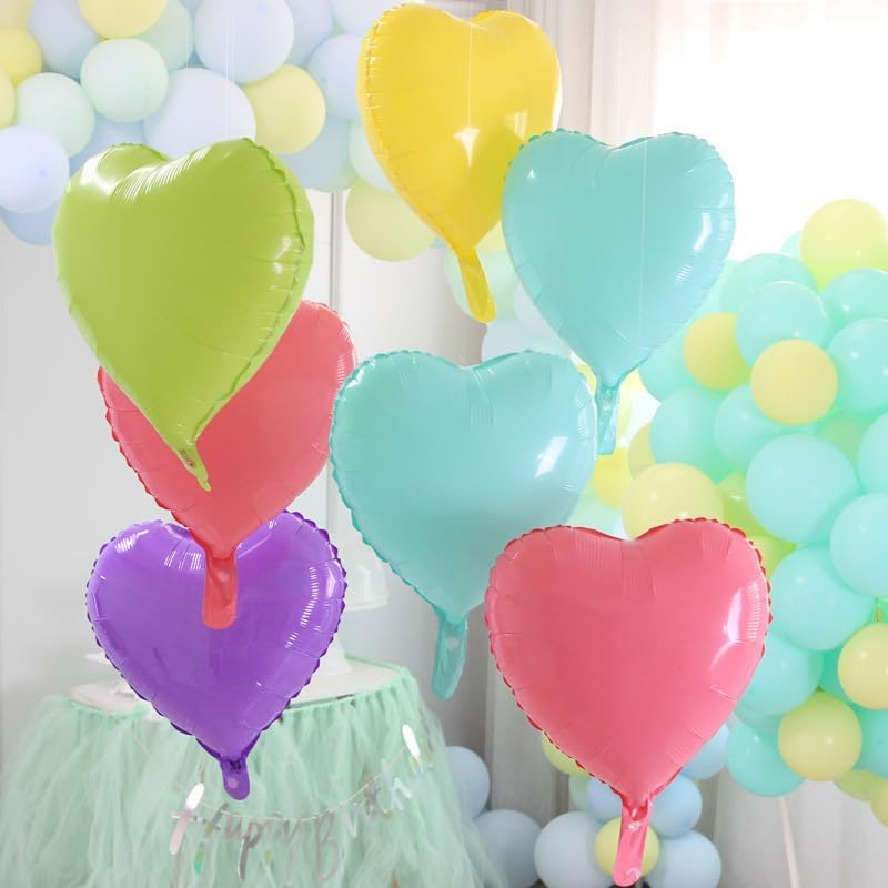 10-Piece Pastel Rainbow Heart Balloons – 18-Inch Foil Heart Balloons in Pink, Blue, Yellow, Green, and Purple for Valentine’s Day, Engagements, Birthdays, Baby Showers, and Weddings