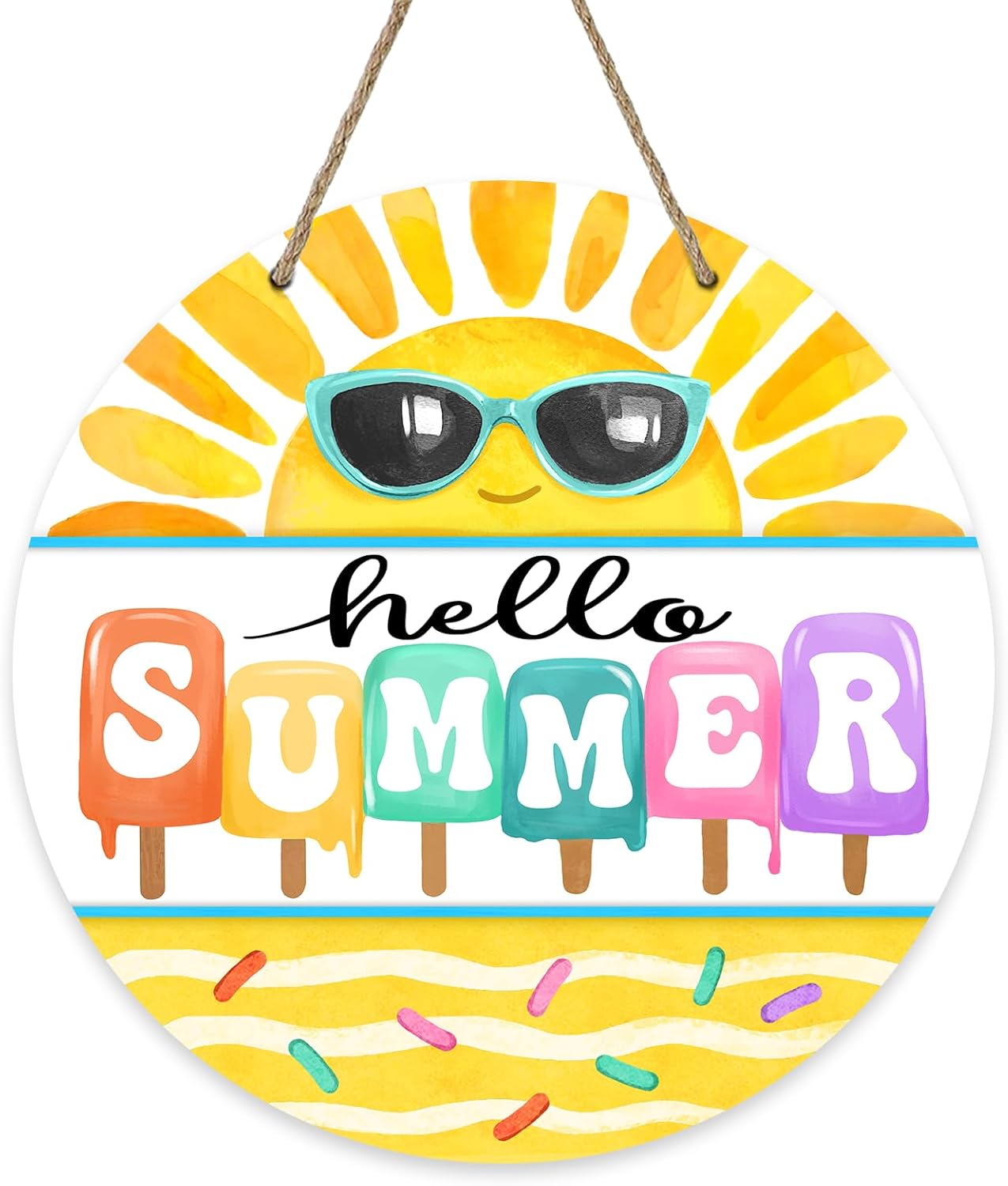 Hello Summer Sun Sunshine Front Door Sign, Popsicle Sunglasses Yellow Wood Door Hanger Outdoor Outside Porch Decor, Seasonal Wooden Wreath Indoor Wall Hanging Decoration
