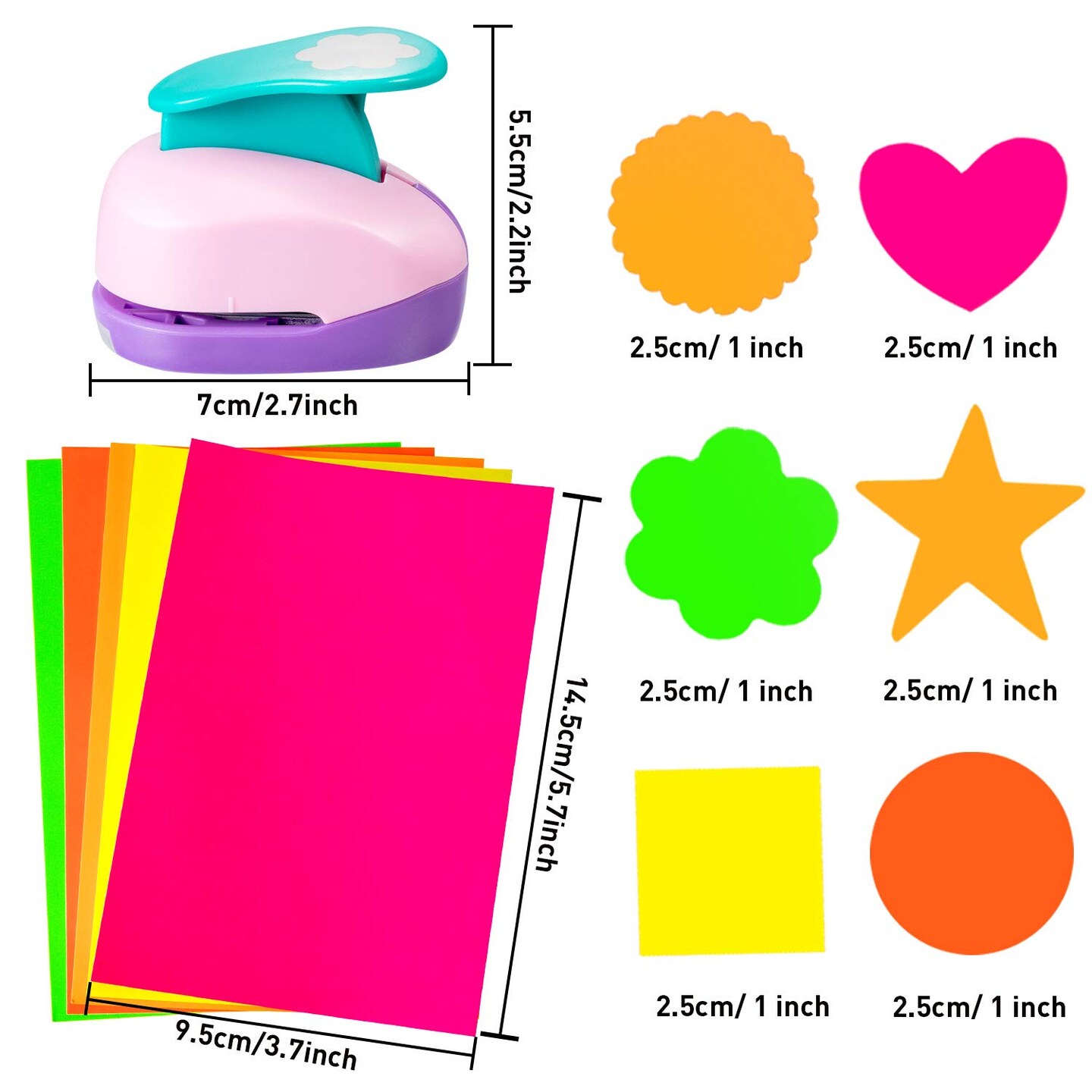 16 Pcs Craft Holes Punch Paper Punchers Scrapbook Punches with Craft Sticker Paper, Round, Star, Square, Heart, Flower, Wave Circle Shape(1 Inch,Multiple Styles)