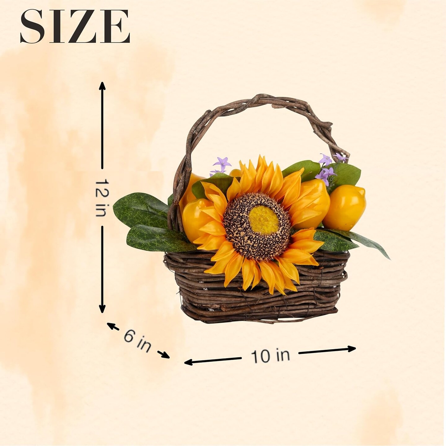 Rustic Farmhouse Table Decor, Spring Summer Tabletop Basket Decoration with Artificial Sunflowers Lemons Magnolia Leaves, Small Centerpiece for Home Indoor Living Room Kitchen Dining Room Table