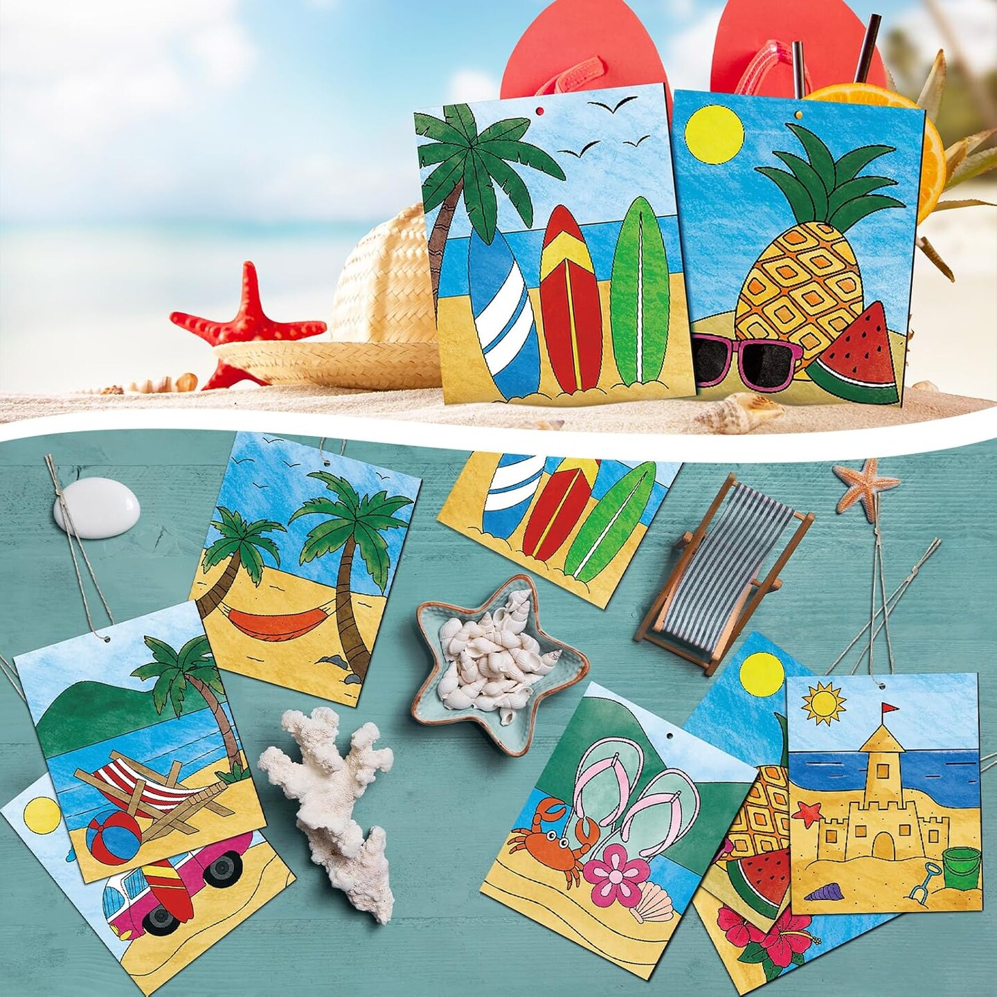 24 Pcs Large Summer Unfinished Wood Crafts to Paint, Predrilled Beach Coconut Surfboard Wooden Slices with Rope Hawaii Coloring Ornament Crafts for Summer DIY Home Party Activities