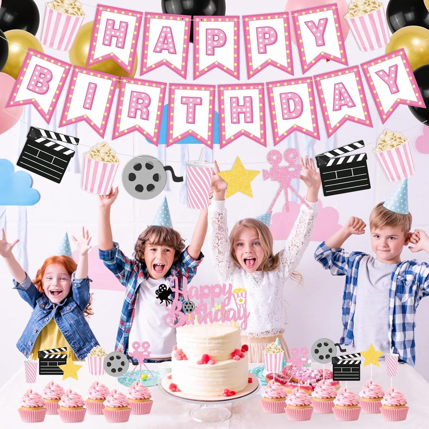 Happy Birthday Decorations,Movie Theme Party Decorations Pink Popcorn Camera Movie Theater Decorations Cute Cake Topper Latex Balloons