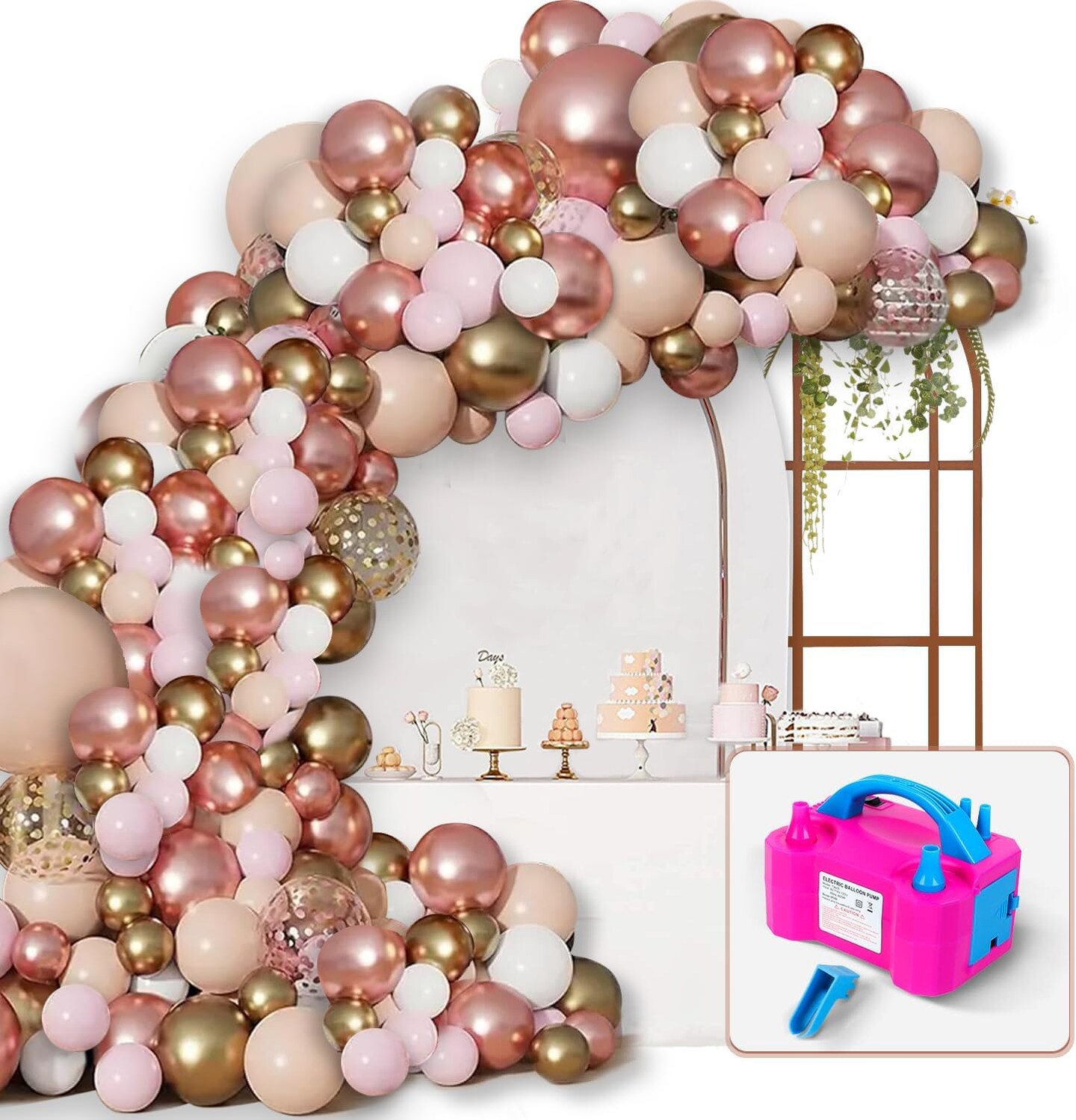 Rose Gold Balloon Garland Kit, 142Pcs Nude Pastel Pink Gold and Rose Gold Confetti Balloon Arch Kit with Electric Pump for Wedding Bridal Shower Princess Party Girl Birthday Baby Shower Decorations