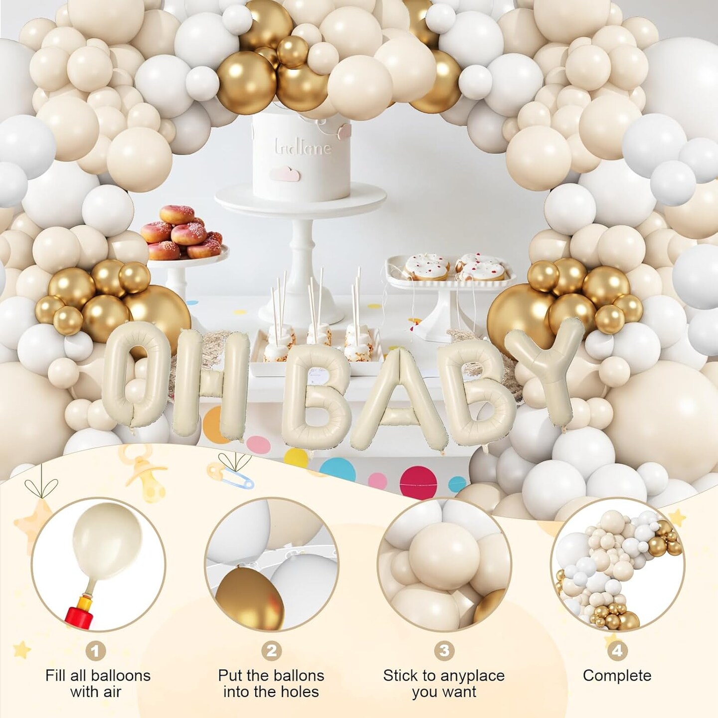 White Sand Gold Balloons Garland Arch Kit,Baby Shower Decorations Boy Girl with Oh Baby Balloon Banner for Boho Neutral Oh Baby Shower Birthday Gender Reveal Party Decoration