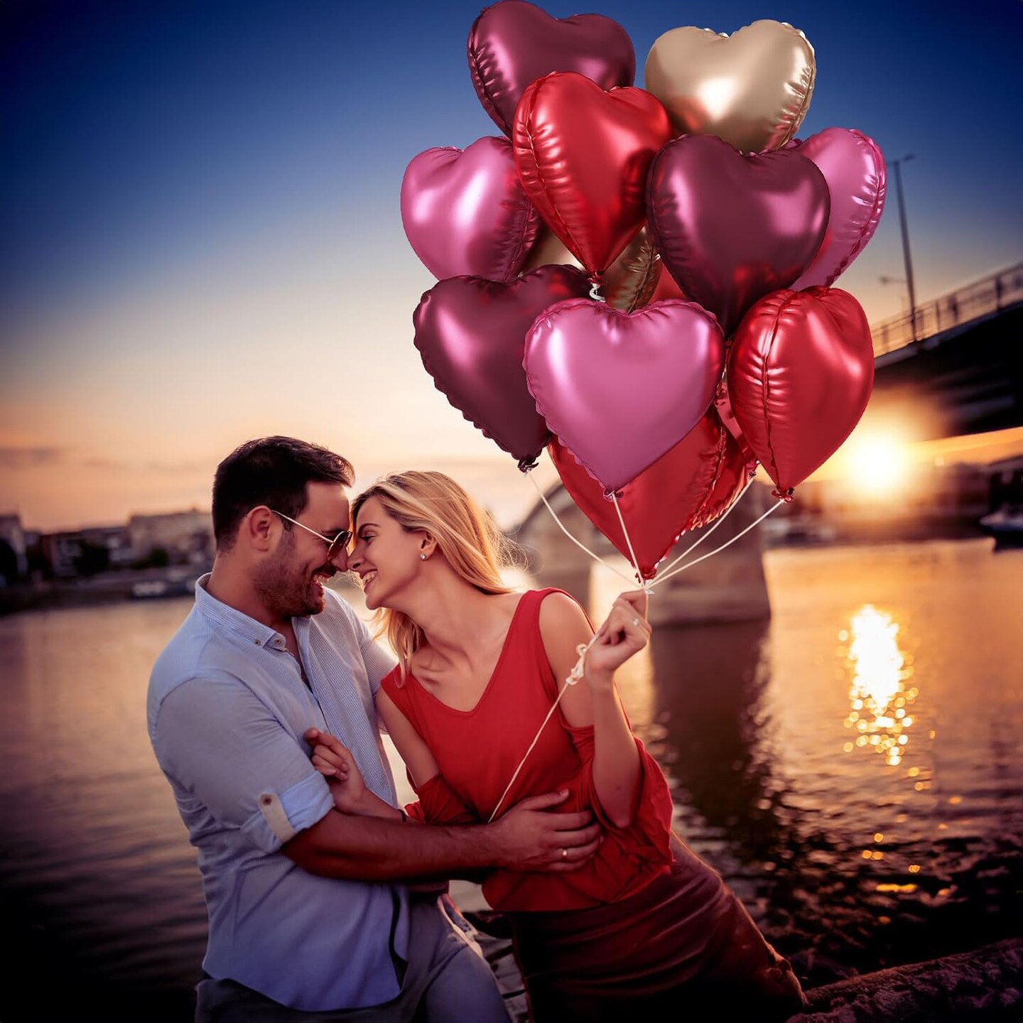 Wine Red Heart Balloons, 18 Inch 12 Pcs Burgundy Red and Pink Foil Heart Balloons Red and Rose Gold Heart Shape Mylar Balloons