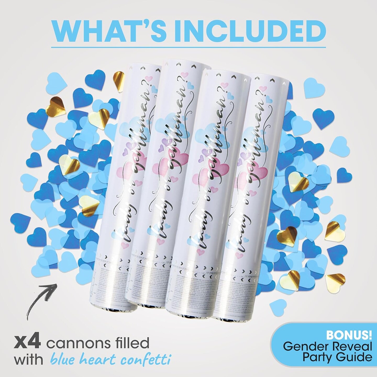 Gender Reveal Confetti Cannon - Heart Shaped Confetti Poppers - Blue 4 Pack - Baby Boy Gender Reveal Party Poppers Party Cannons Shooter Blaster