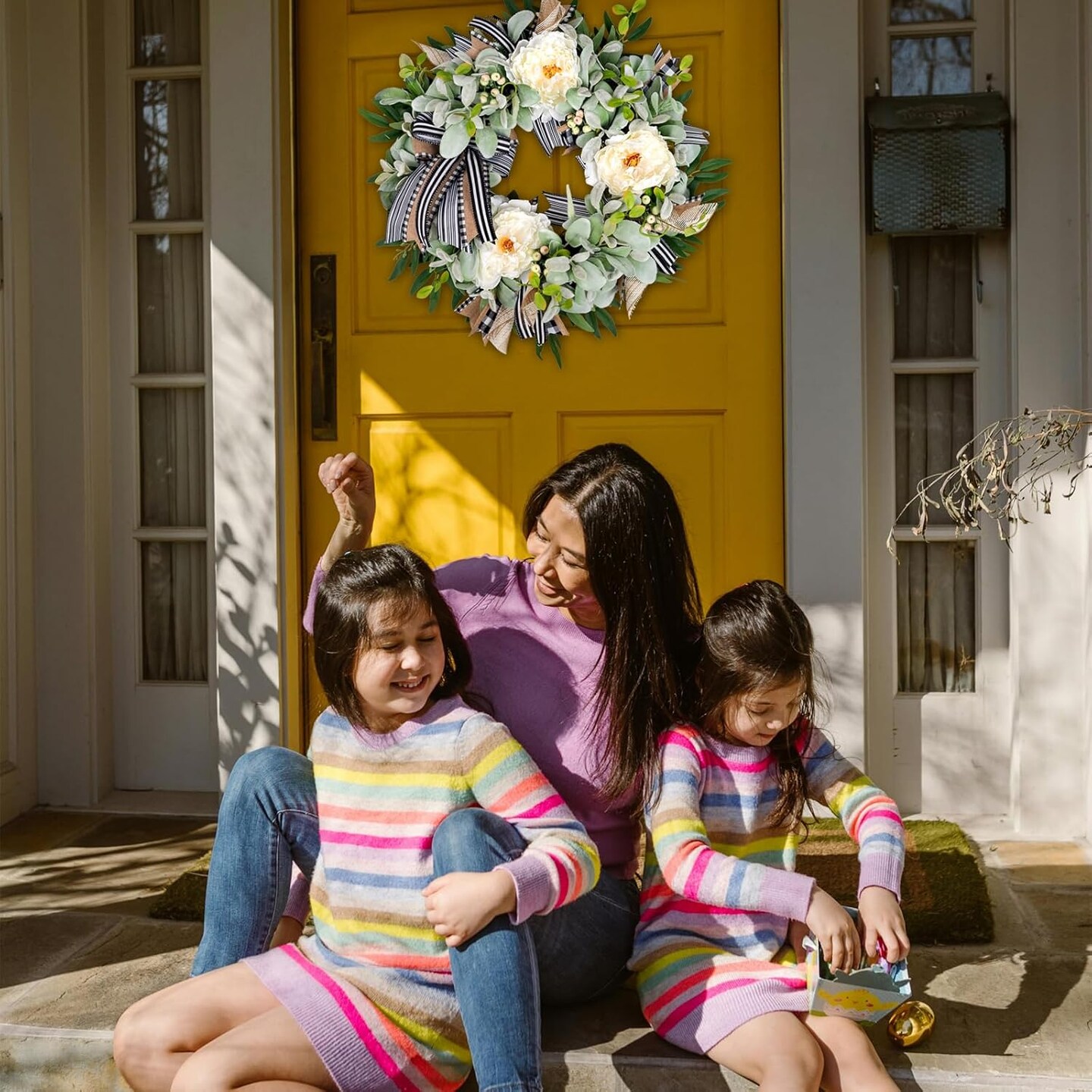 Wreaths for Front Door Year Round Outside, 20'' Artificial Summer Wreath with Peony Buffalo Bow Green Handmade Farmhouse Home Decor