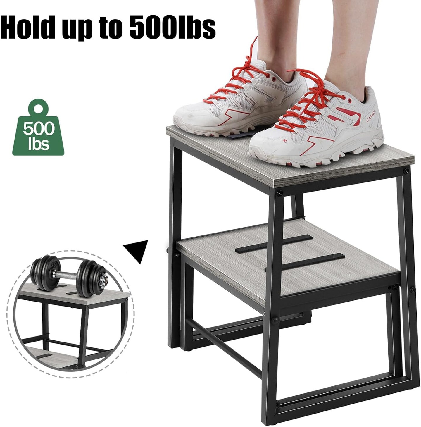 Heavy-Duty 3-in-1 Wooden Step Stool for Adults - 500lb Capacity, Detachable Metal Frame Stepping Stool for High Beds, Kitchen, Bathroom, Grey