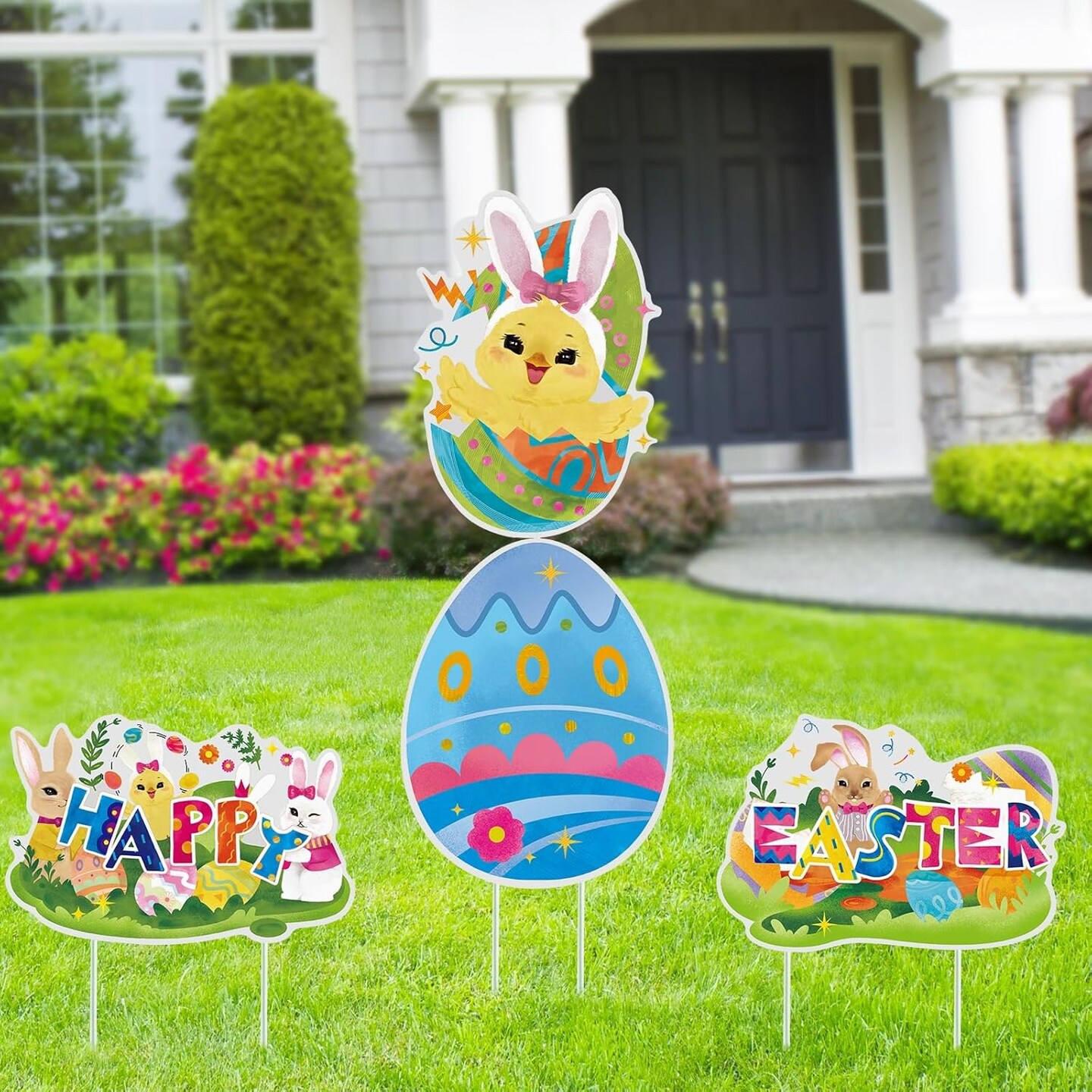 6PCS Easter Bunny Yard Signs Decorations Outdoor with Stakes Cute Easter Bunny Eggs Garden Decorations Holiday Welcome Signs for Easter Yard Lawn Party Decor