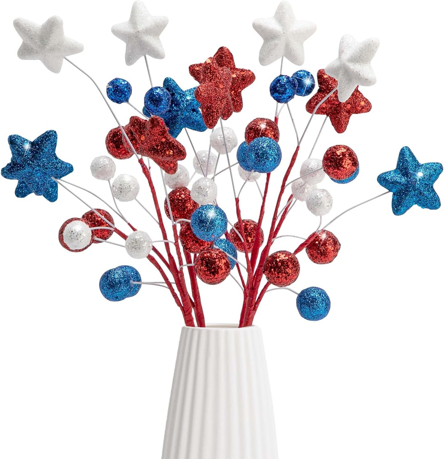 4-pack 15" patriotic glitter ball stems with star picks for Memorial Day decor.