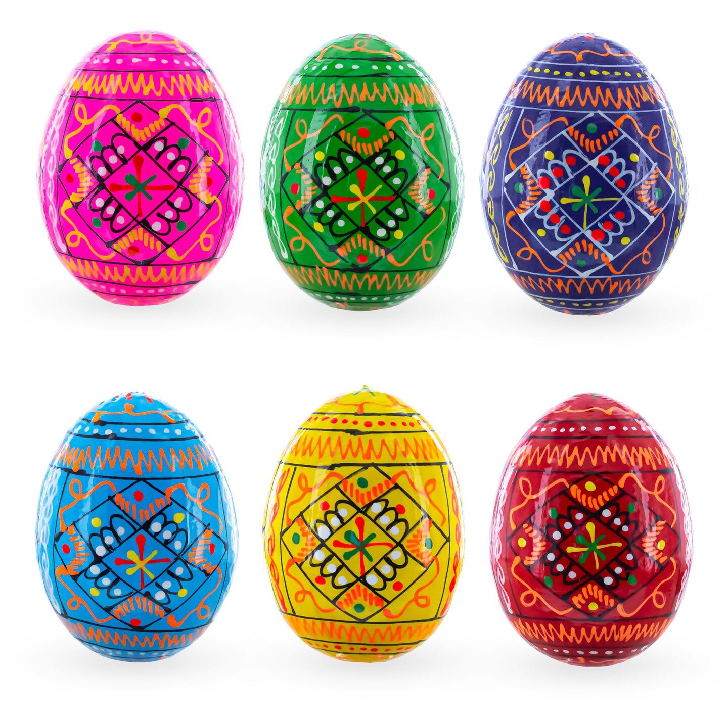 Set of 6 Geometric Ukrainian Pysanky Wooden Easter Eggs 2.5 Inches